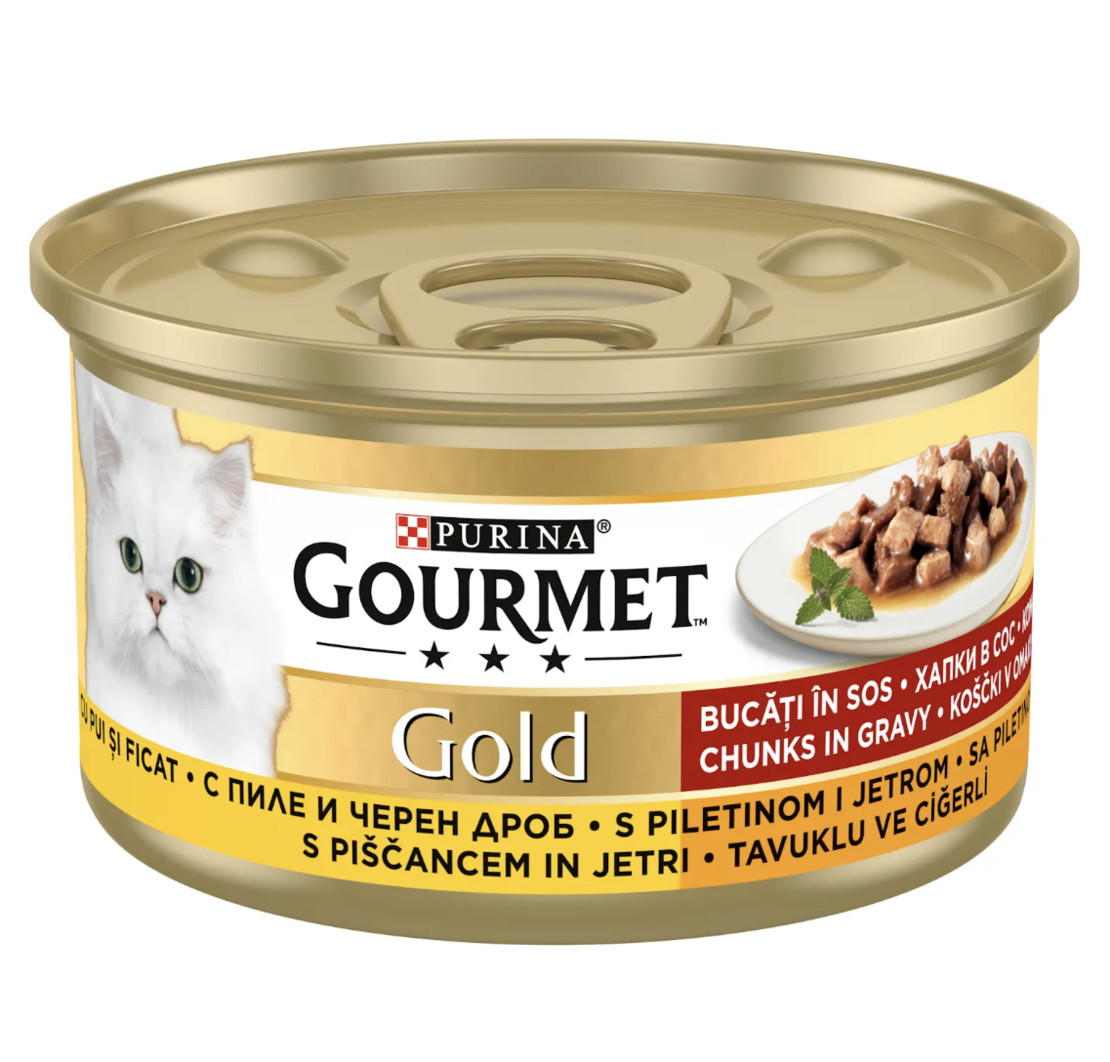 PURINA® GOURMET®  Gold Котки в зряла възраст, Хапки в Сос, Пиле и Дроб, Мокра храна, Консерва, 85 гр