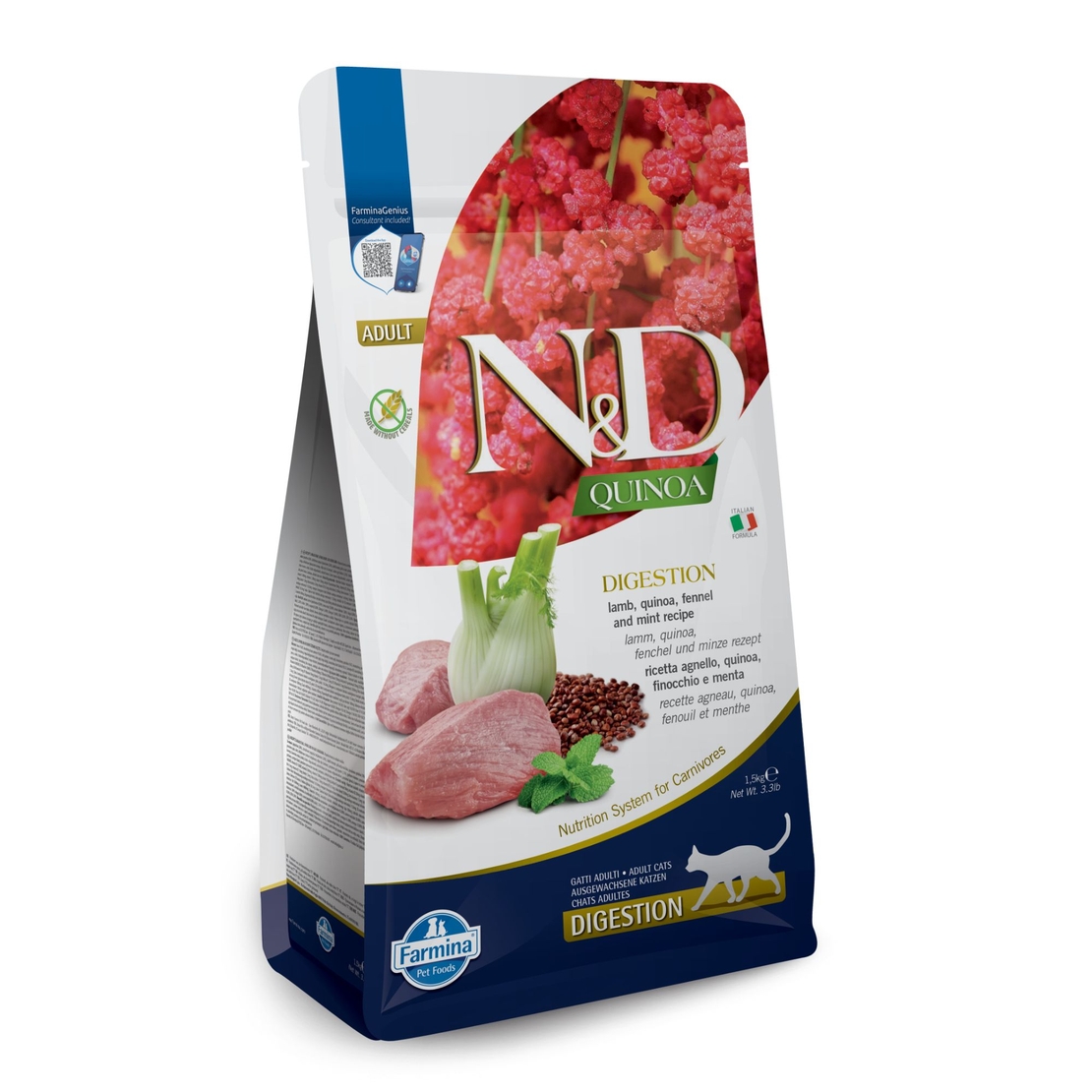 N&D Quinoa Cat Adult Digestion with Lamb – суха храна за добро храносмилане и без зърнени култури за котки, с агнешко, киноа, копър, мента и артишок