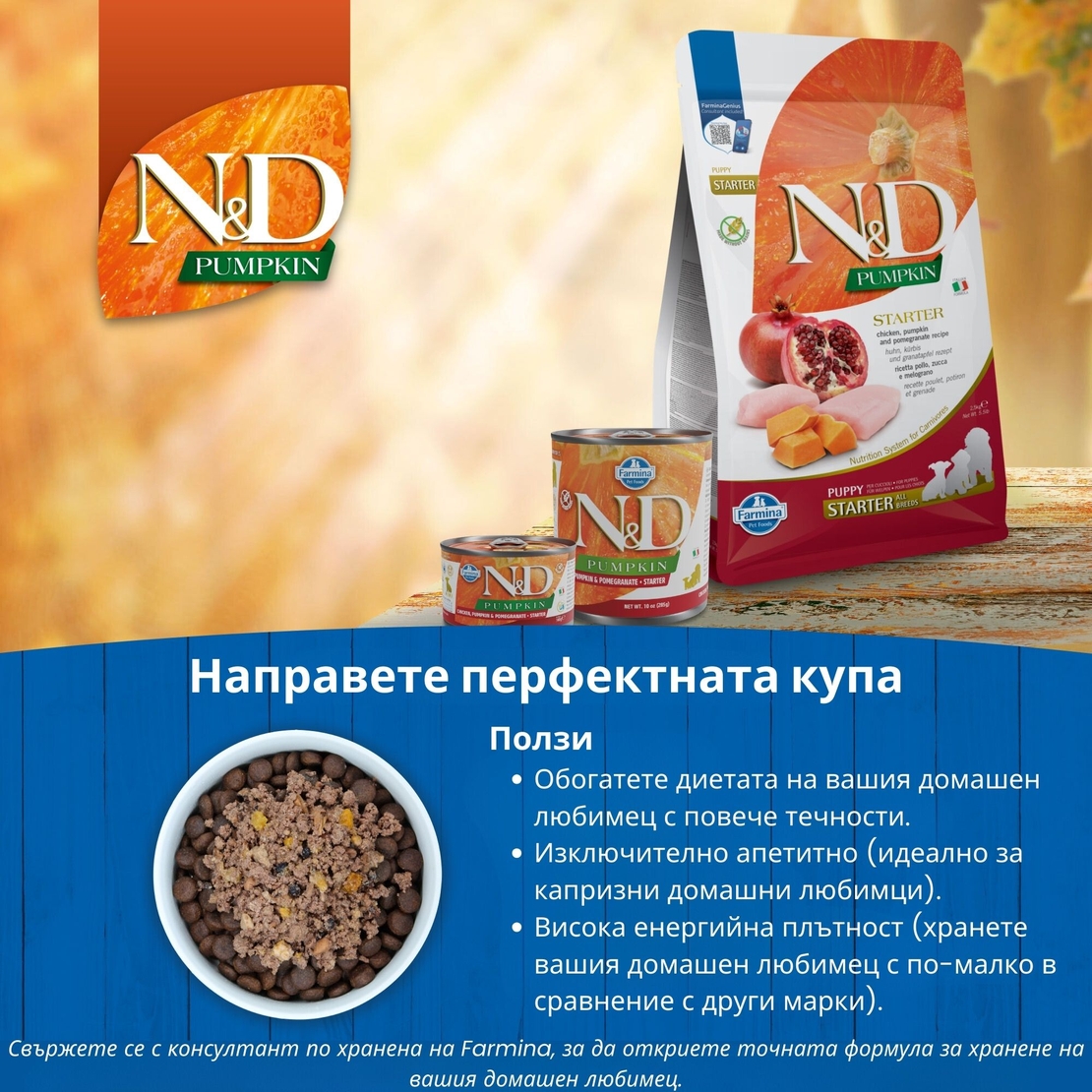 N&D Pumpkin Dog Chicken & Pomegranate Starter Puppy – суха храна за подрастващи кученца от всички породи с пилешко, тиква и нар