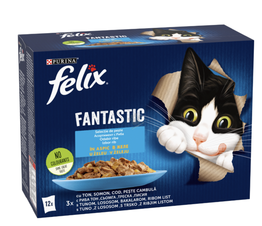 PURINA® FELIX® Fantastic за котки в зряла възраст, Асортимент с риба, Мокра храна, Пауч, Мултиопаковка 12х85 гр