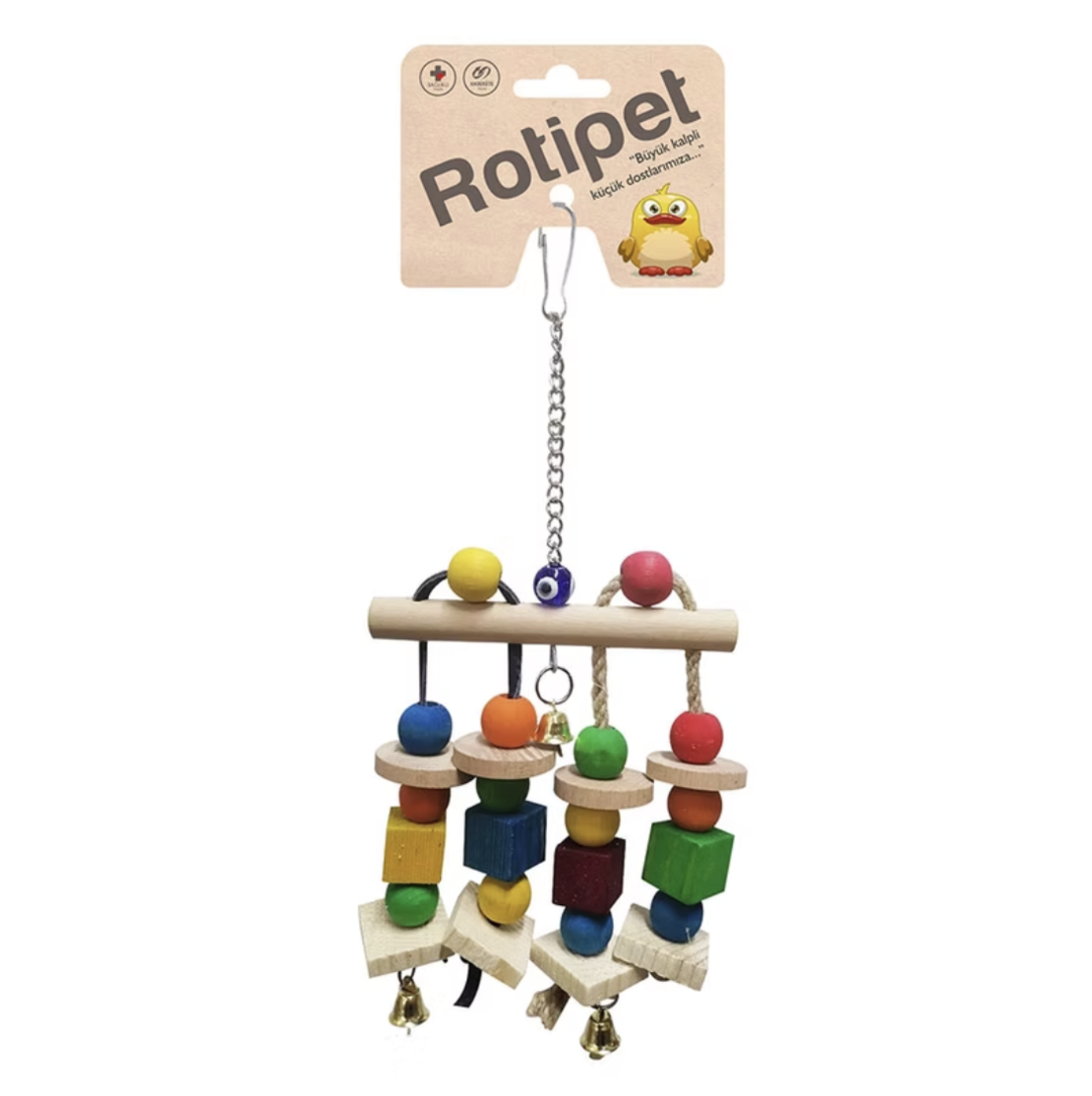 Играчка за едър папагал – дървени елементи с камбанки, 32 × 12 × 5 см