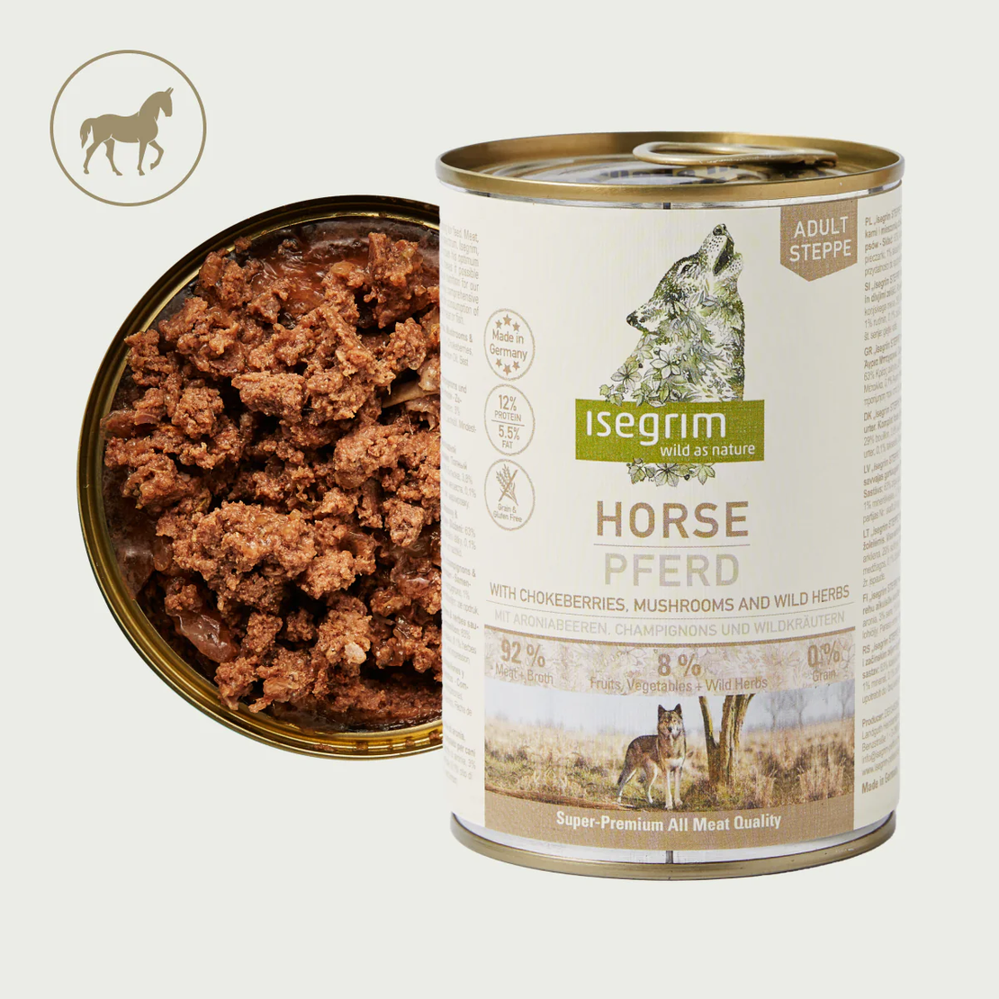 Isegrim Adult Horse, Chokeberries & Champignons - консерва за израснали кучета. С конско, арония и гъби 400г