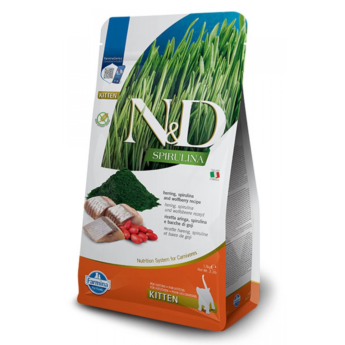 N&D Spirulina Herring & Wolfberry Kitten – храна за котенца до 1 година, с херинга, спирулина и годжи бери, 1.5 kg