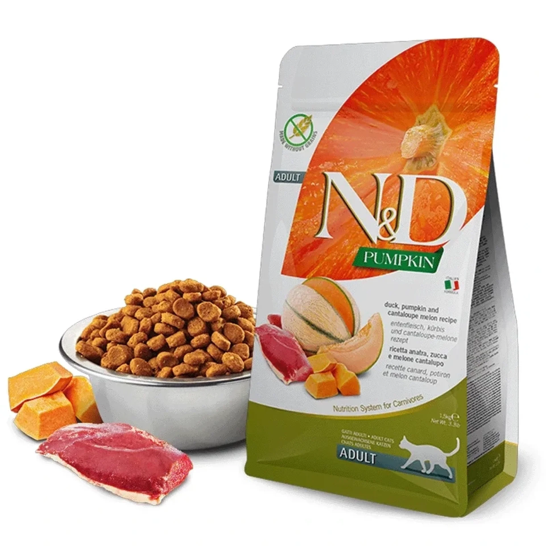 N&D Pumpkin Duck & Cantaloupe Cat Adult – храна за котки над 1 година с патешко, тиква и пъпеш, 300 g / 1.5 kg / 5 kg