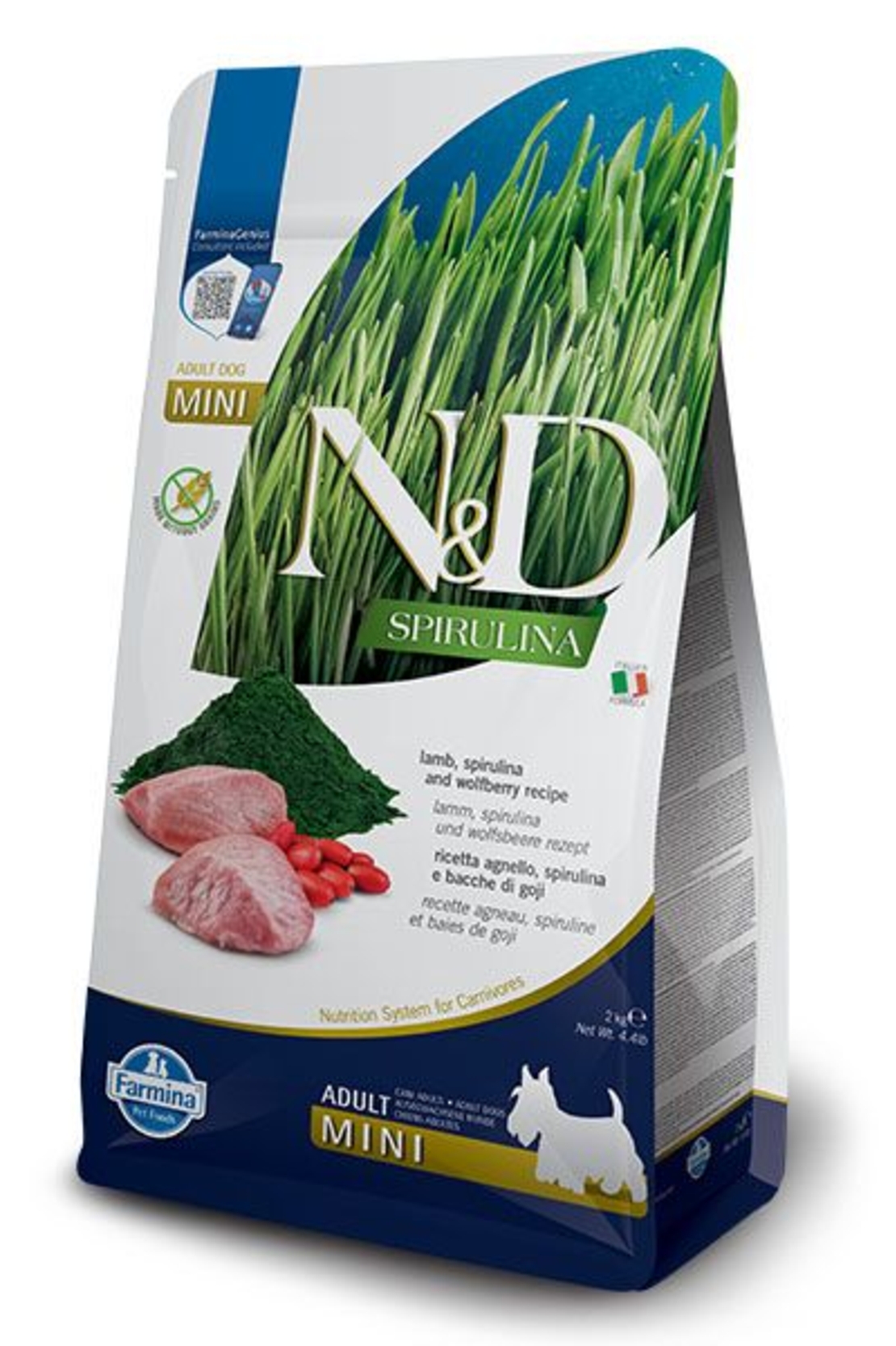 N&D Spirulina Lamb Adult Mini – Храна за кучета от мини породи с агнешко, спирулина и годжи бери 2 кг