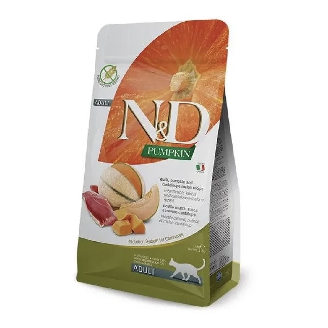 N&D Pumpkin Duck & Cantaloupe Cat Adult – храна за котки над 1 година с патешко, тиква и пъпеш, 300 g / 1.5 kg / 5 kg