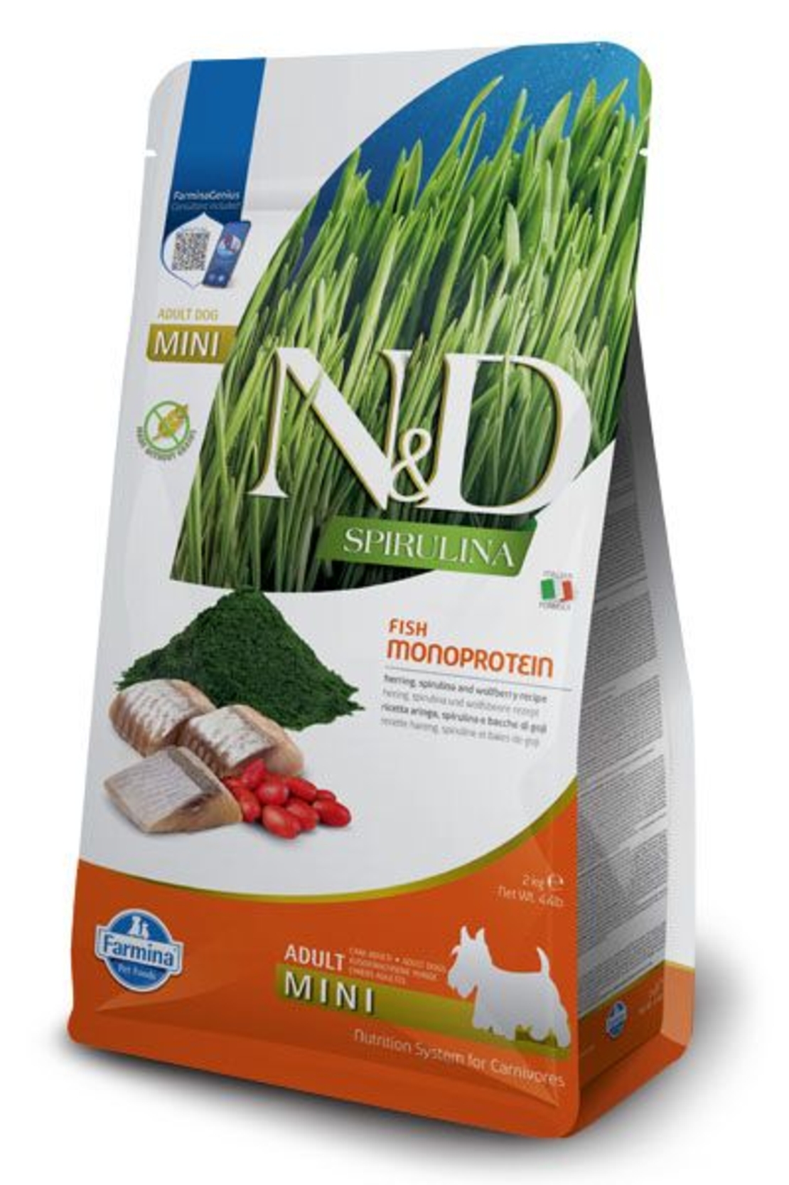 N&D Spirulina Herring Adult Mini – Храна за кучета от мини породи с херинга, спирулина и годжи бери 2 кг