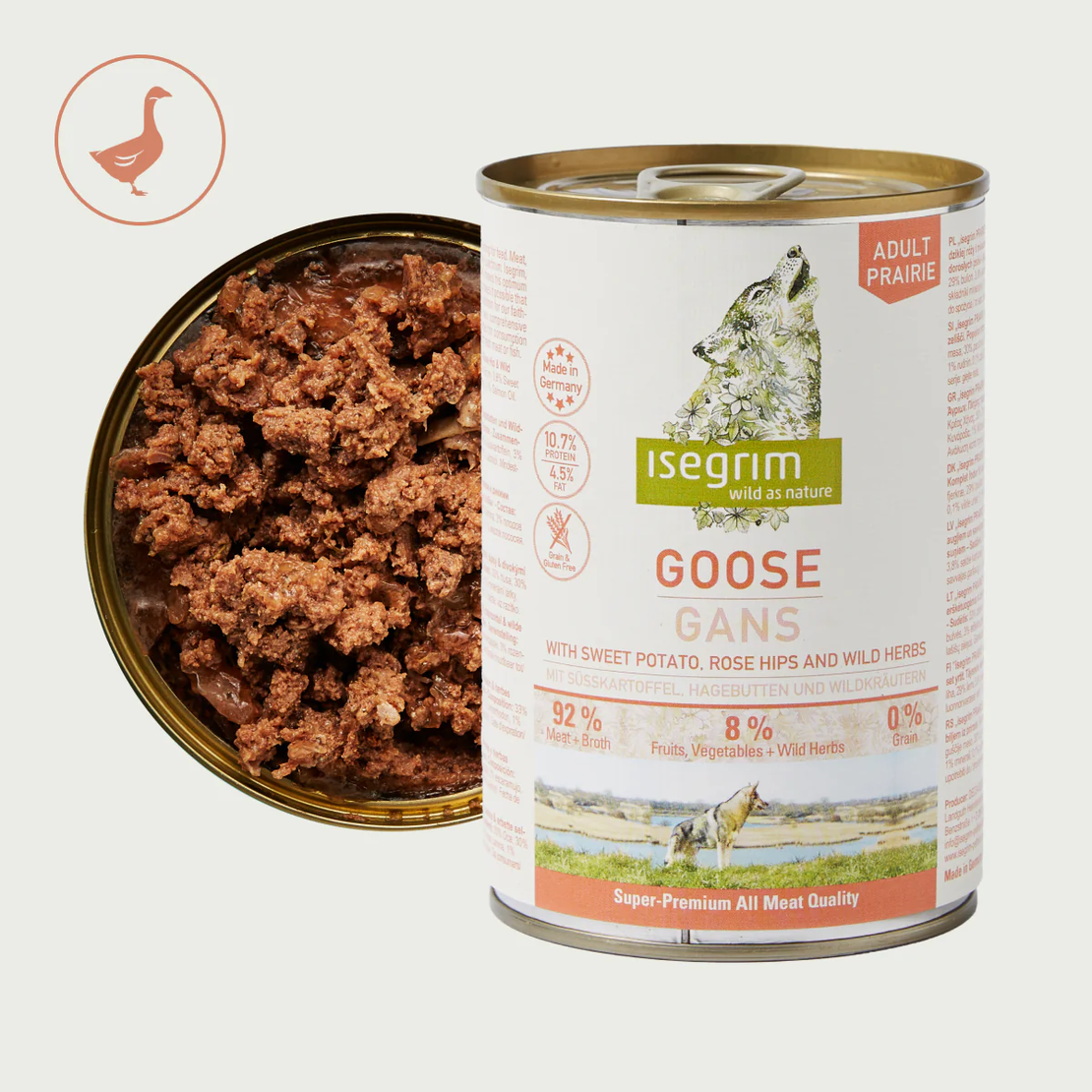 Isegrim Adult Goose & Sweet Potato -  консерва за израснали кучета с гъска, сладки картофи, шипки и билки 400г.