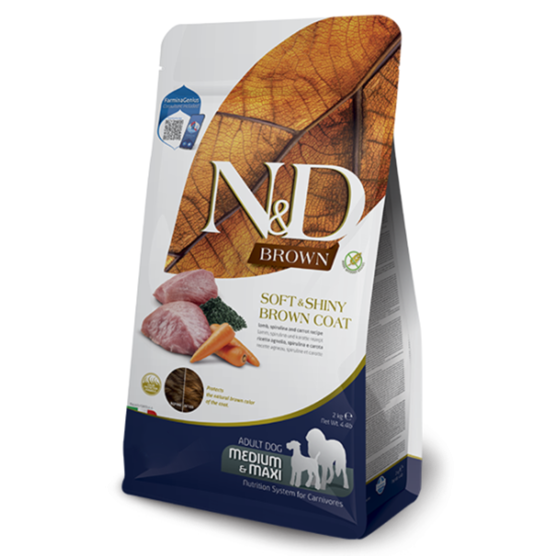 N&D Brown Dog Lamb Adult Medium & Maxi – Храна за кучета от средни и едри породи с кафява козина, агнешко, спирулина и морков 7кг