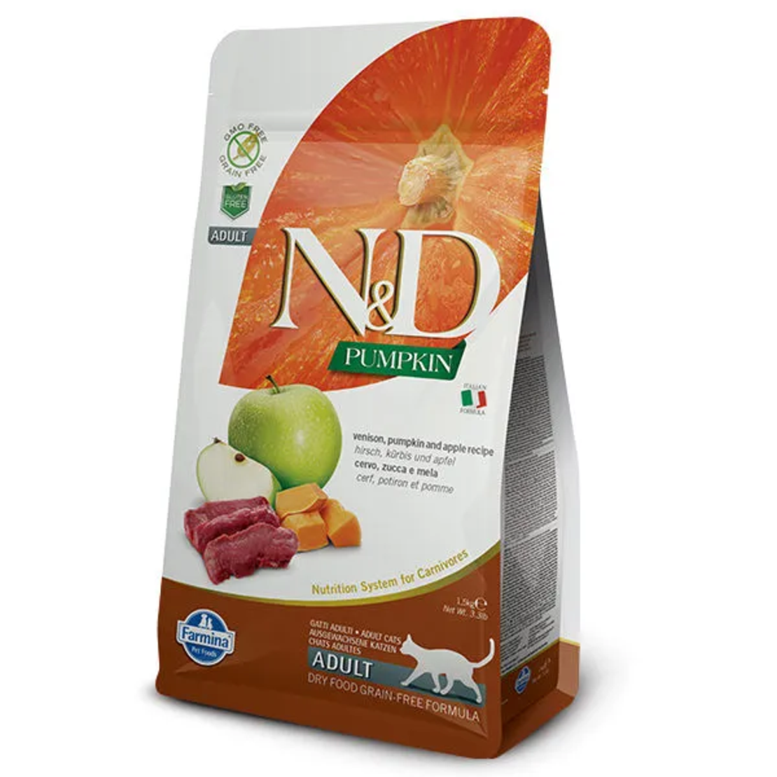 N&D Pumpkin Venison & Apple Cat Adult – храна за котки над 1 година с еленско месо, тиква и ябълки, 300 g / 1.5 kg / 5 kg