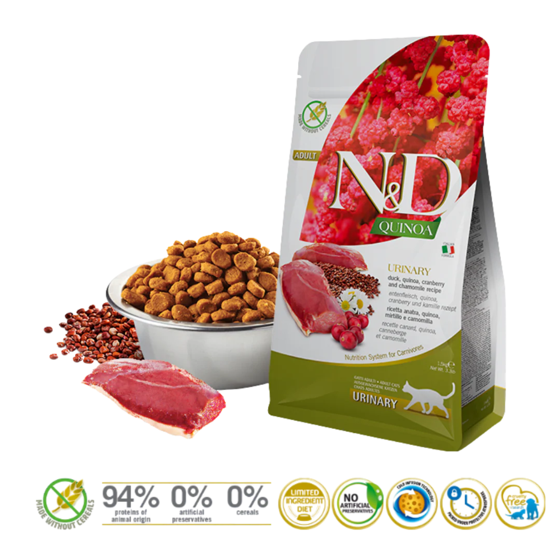 N&D Quinoa Urinary Duck Cat Adult – храна за котки над 1 година за уринарно здраве, с патешко, киноа, червена боровинка и лайка, 300 g / 1.5 kg / 5 kg