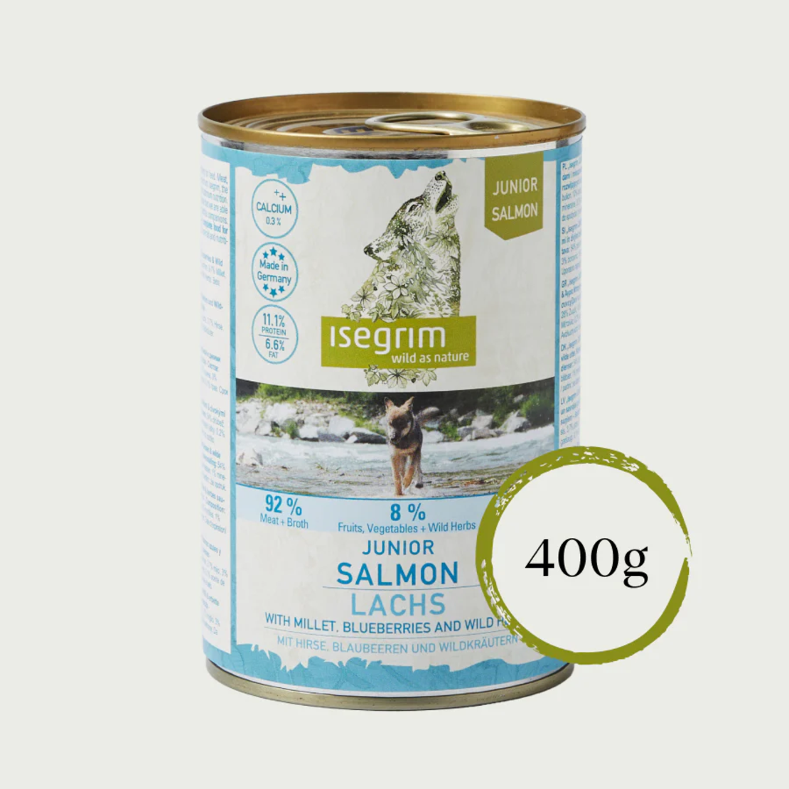 Isegrim Junior Salmon, Millet & Blueberries- консерва за подрастващи кученца със  сьомга, птиче, сорго и боровинки 400г