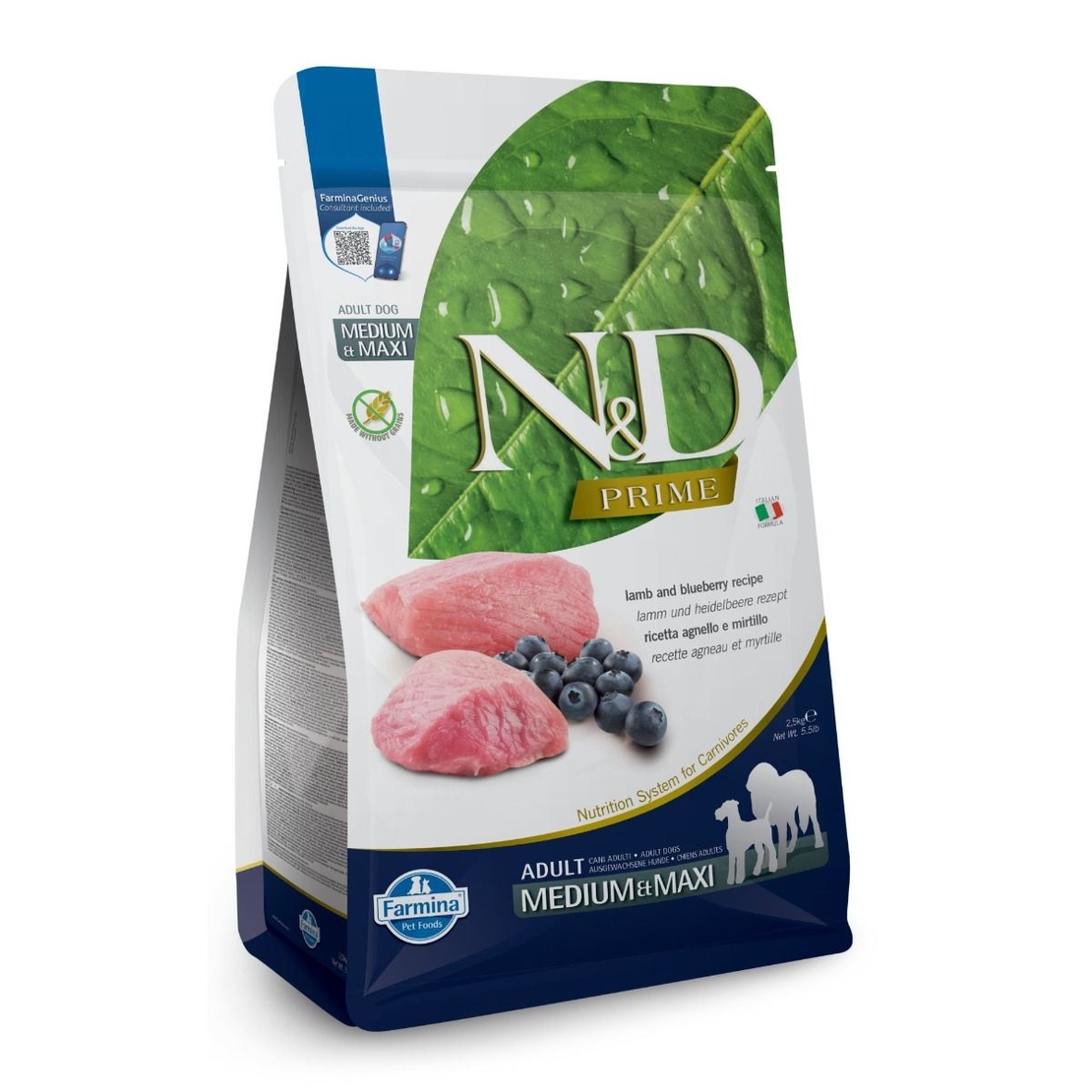 N&D Prime Lamb & Blueberry Adult Medium & Maxi – храна за кучета, с агнешко и боровинки, за средни и големи породи, 2.5 kg / 12 kg