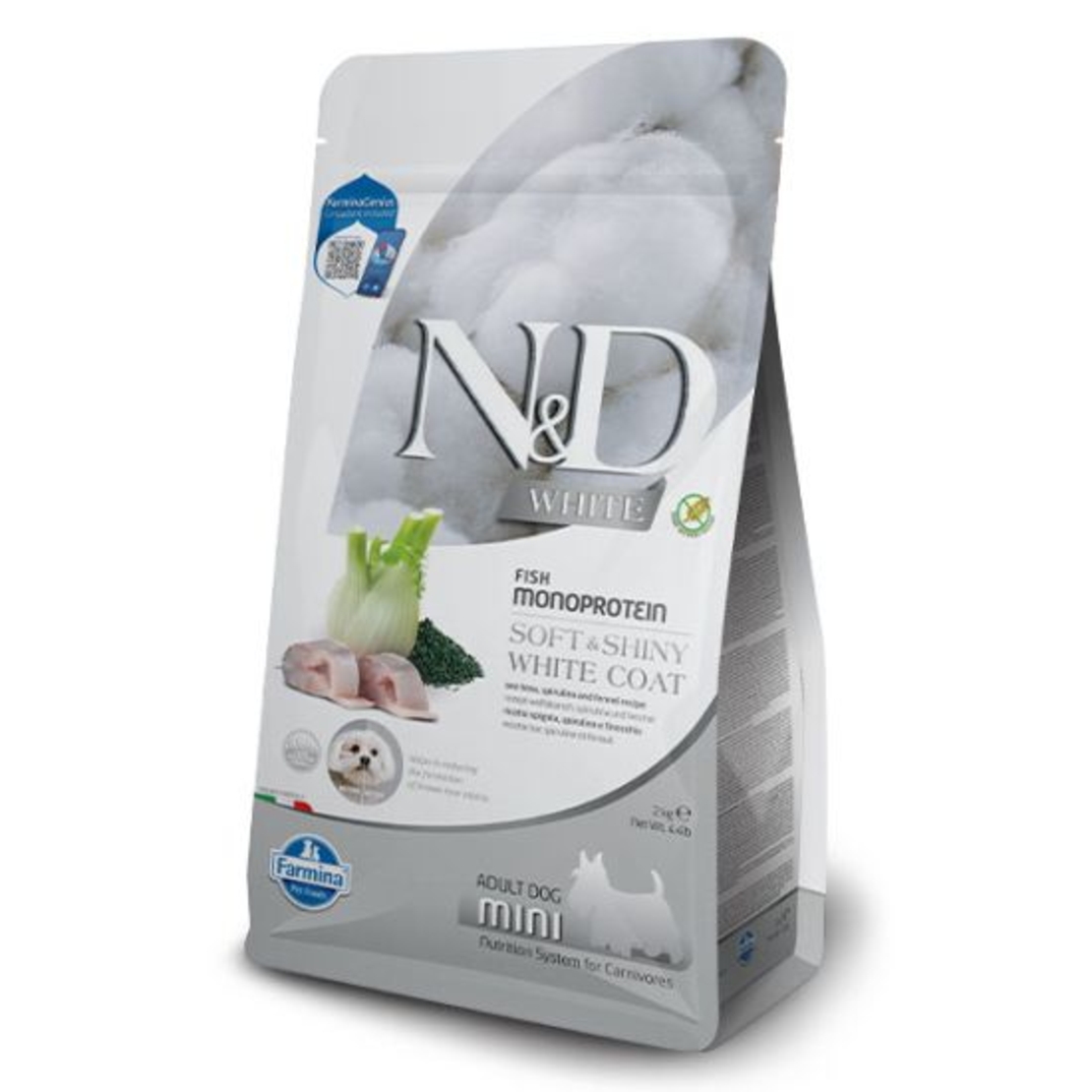 N&D White Dog Sea Bass Adult Mini – Храна за кучета от мини породи с бяла козина, лаврак, спирулина и фенел 2кг и 5кг