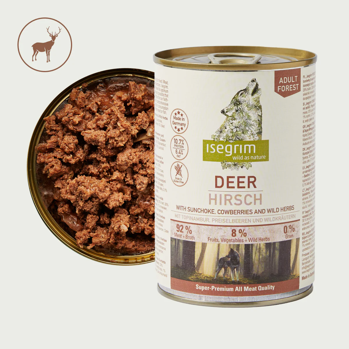 Isegrim Adult Deer, Sunchoke & Cowberries -  консерва за израснали кучета. С еленско, земна ябълка, боровинки и билки 400г