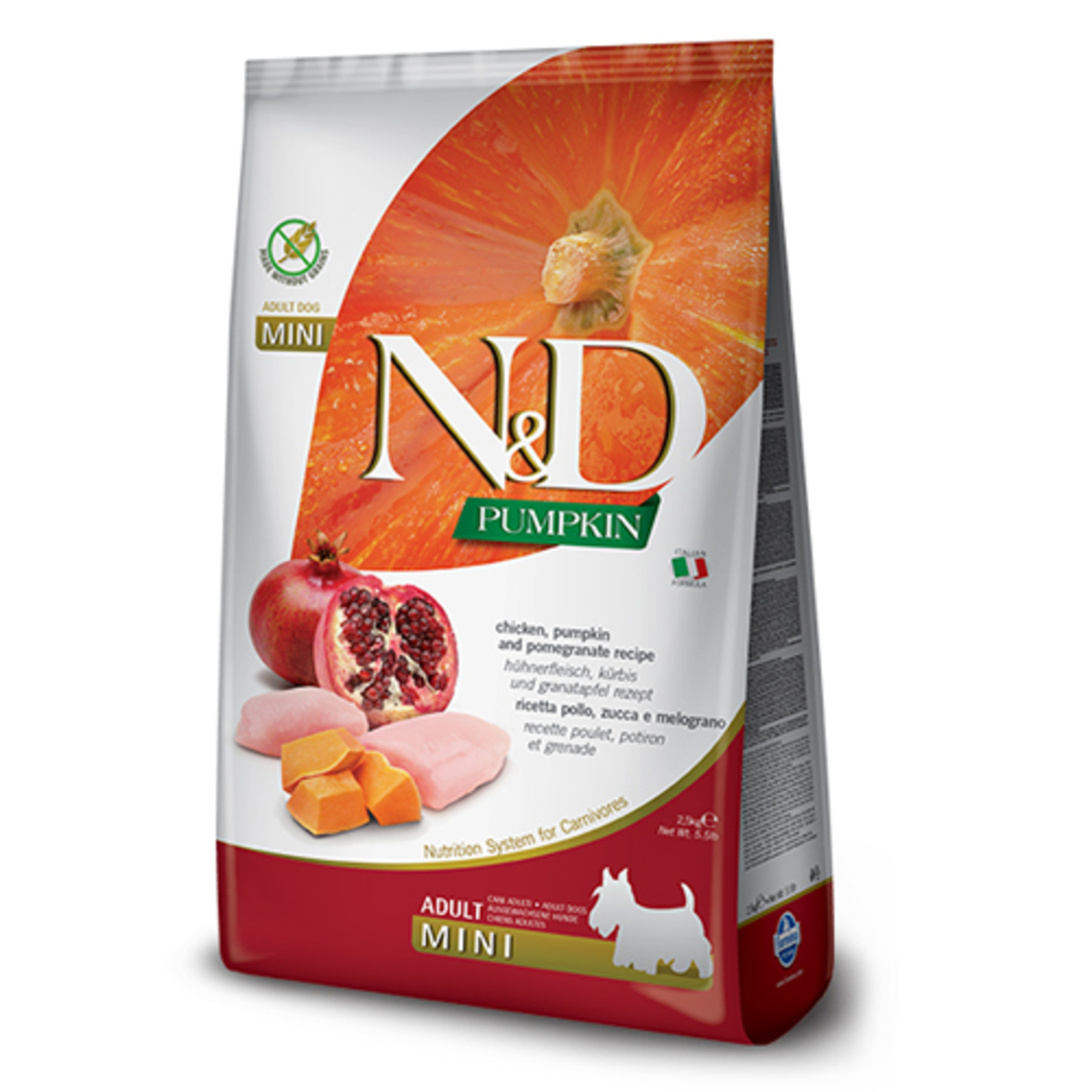 N&D Pumpkin Chicken & Pomegranate Adult Mini – храна за кучета, с пилешко, тиква и нар, за дребни породи, 0.800 g / 2.5 kg / 7 kg