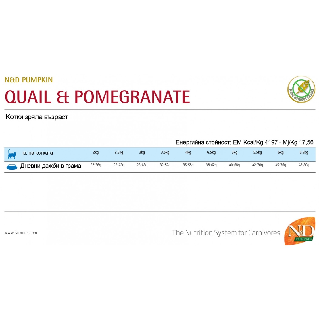 N&D Pumpkin Quail & Pomegranate Cat Adult – храна за котки над 1 година с пъдпъдък, тиква и нар, 300 g / 1.5 kg / 5 kg