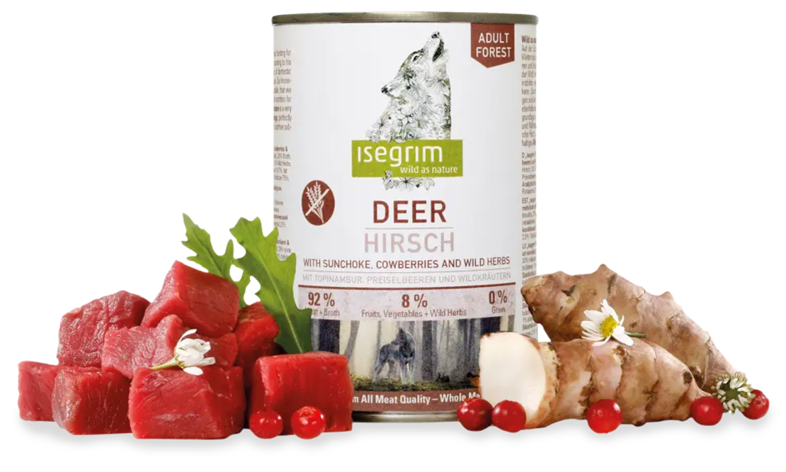 Isegrim Adult Deer, Sunchoke & Cowberries - консерва за израснали кучета. С еленско, земна ябълка, боровинки и билки 800г