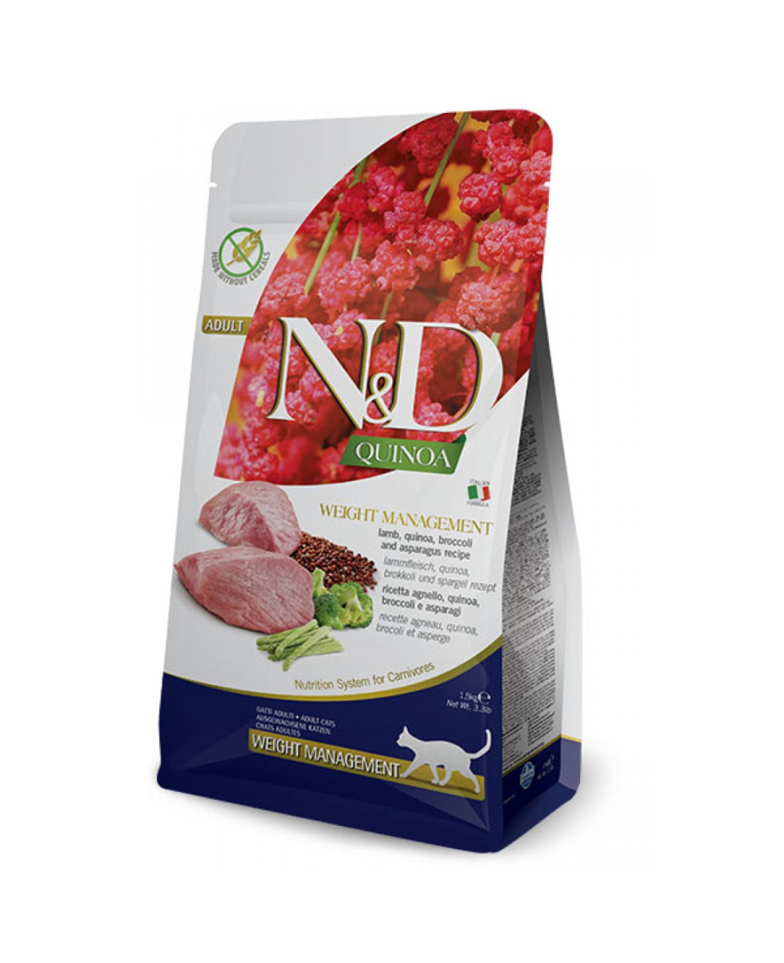N&D Quinoa Weight Management Lamb Cat Adult – храна за котки над 1 година за контрол на теглото, с агнешко, киноа, броколи и аспержи, 300 g / 1.5 kg / 5 kg