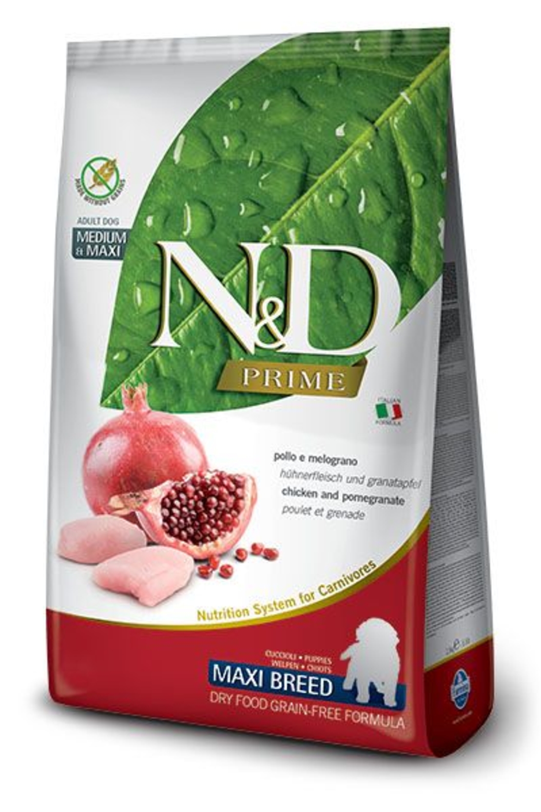 N&D Prime Chicken & Pomegranate Maxi Puppy – храна за подрастващи кучета, с пилешко и нар, за едри породи, 2.5 kg / 12 kg