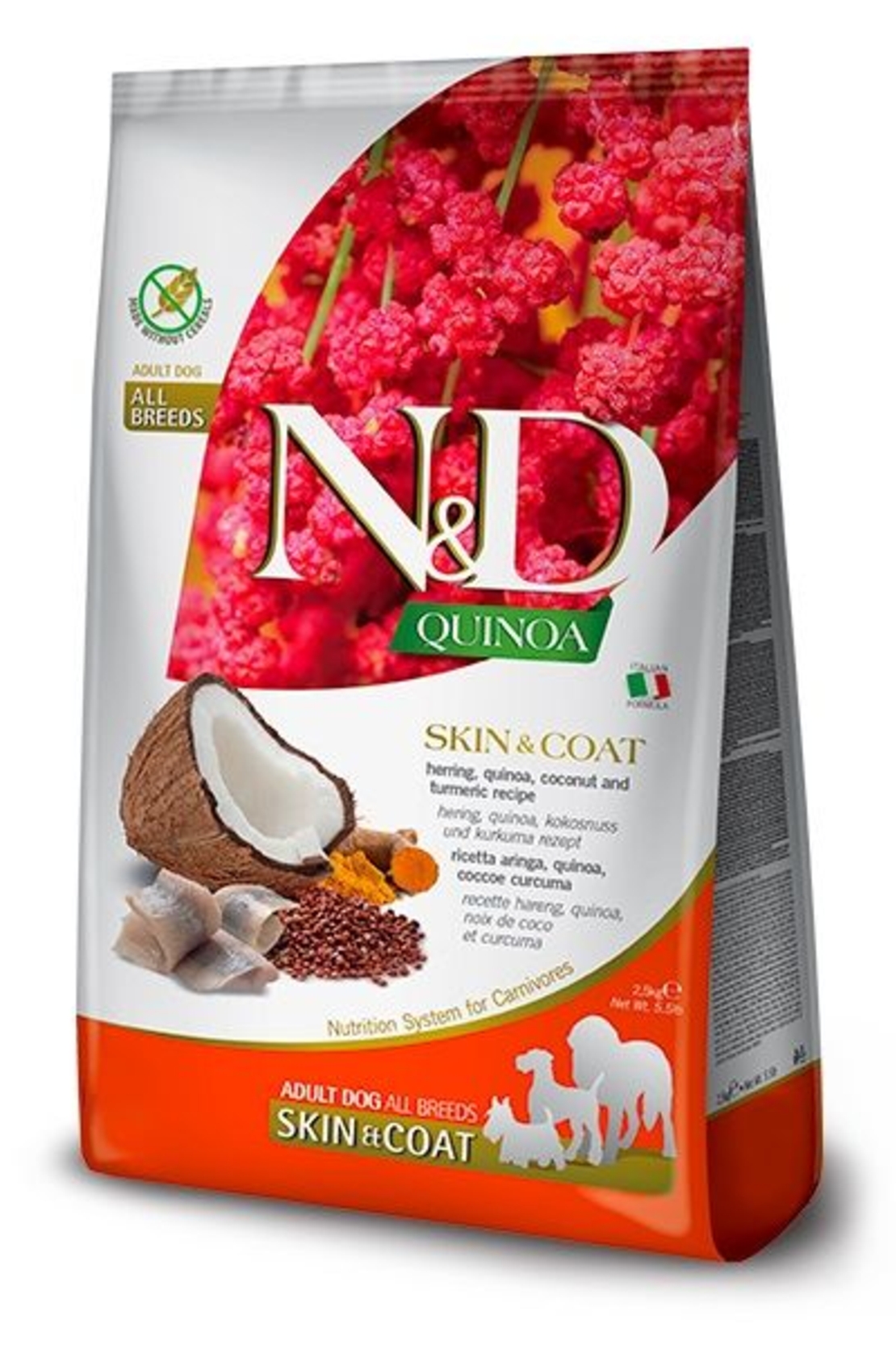 N&D Quinoa Skin & Coat Herring Adult All Breeds – храна за кучета за кожа и козина, с херинга, за всички породи, 2.5 kg