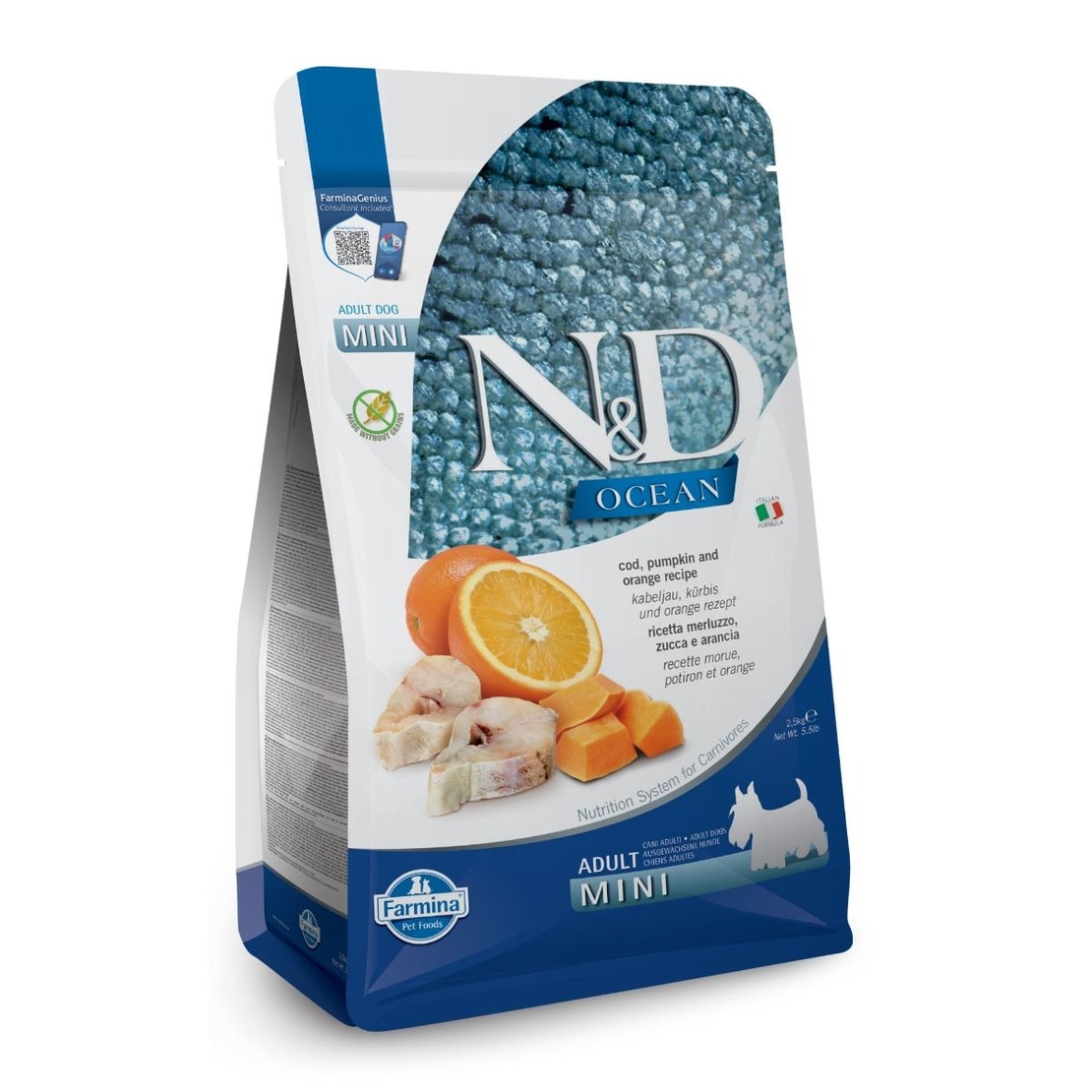 N&D Ocean Cod & Pumpkin, Orange Adult Mini – храна за кучета от дребни породи с треска, тиква и портокал – 800 г / 2.5 кг / 7 кг