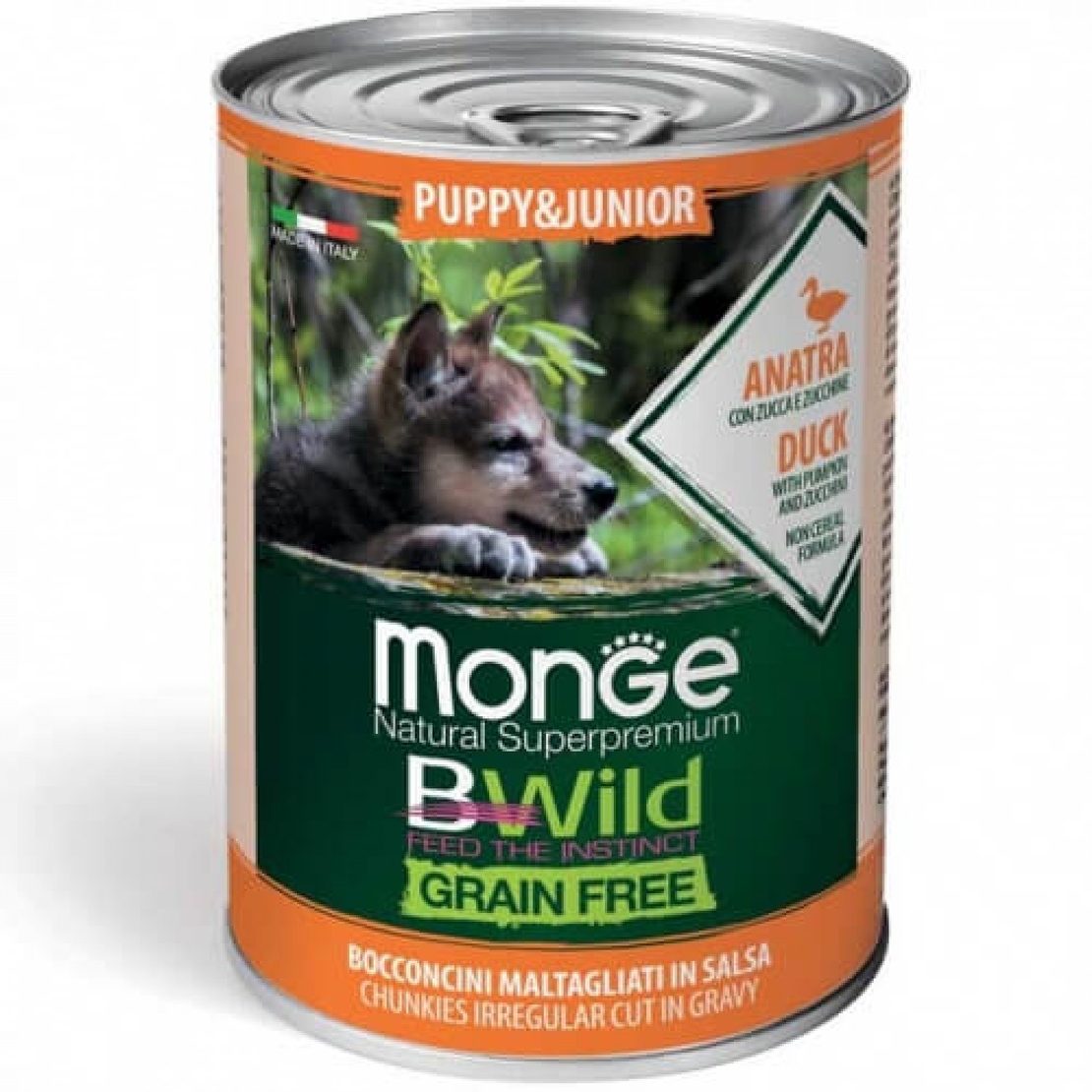 Monge BWild Grain Free Puppy Duck – консерва с патица, тиква и тиквички, 400 g