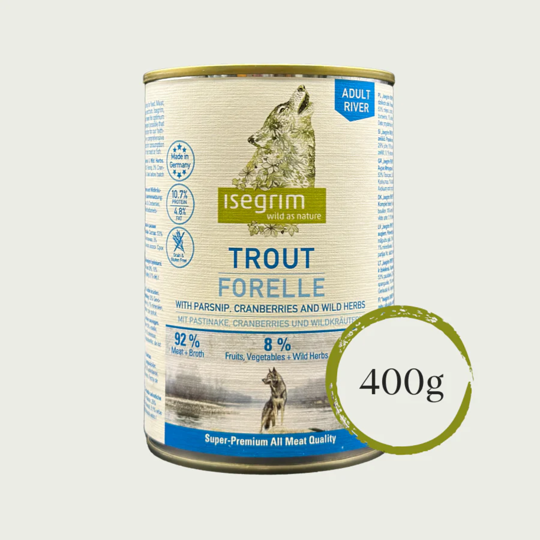 Isegrim Adult Trout, Parsnip & Cranberries -  консервирана храна за израснали кучета. С пъстърва, птиче, пащърнак и червени боровинки 400г