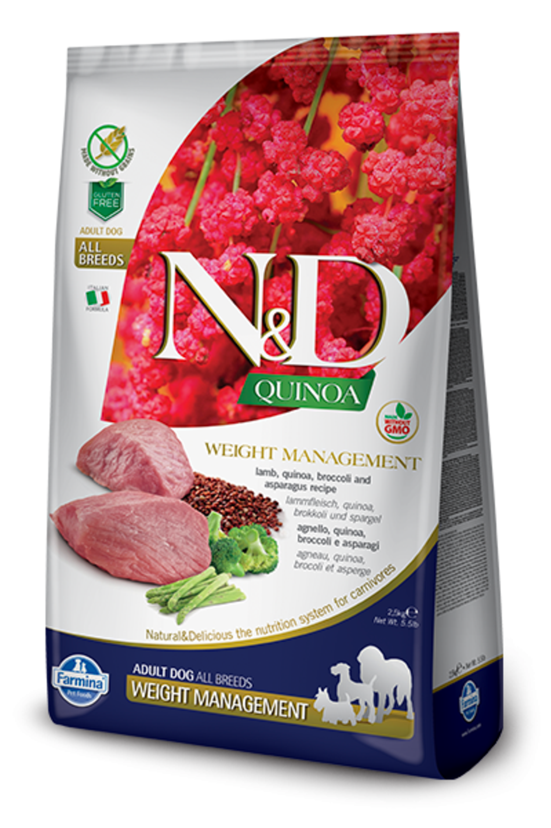 N&D Quinoa Weight Management Lamb Adult Medium & Maxi – храна за кучета за контрол на теглото, с агнешко, за средни и големи породи, 2.5 kg / 7 kg