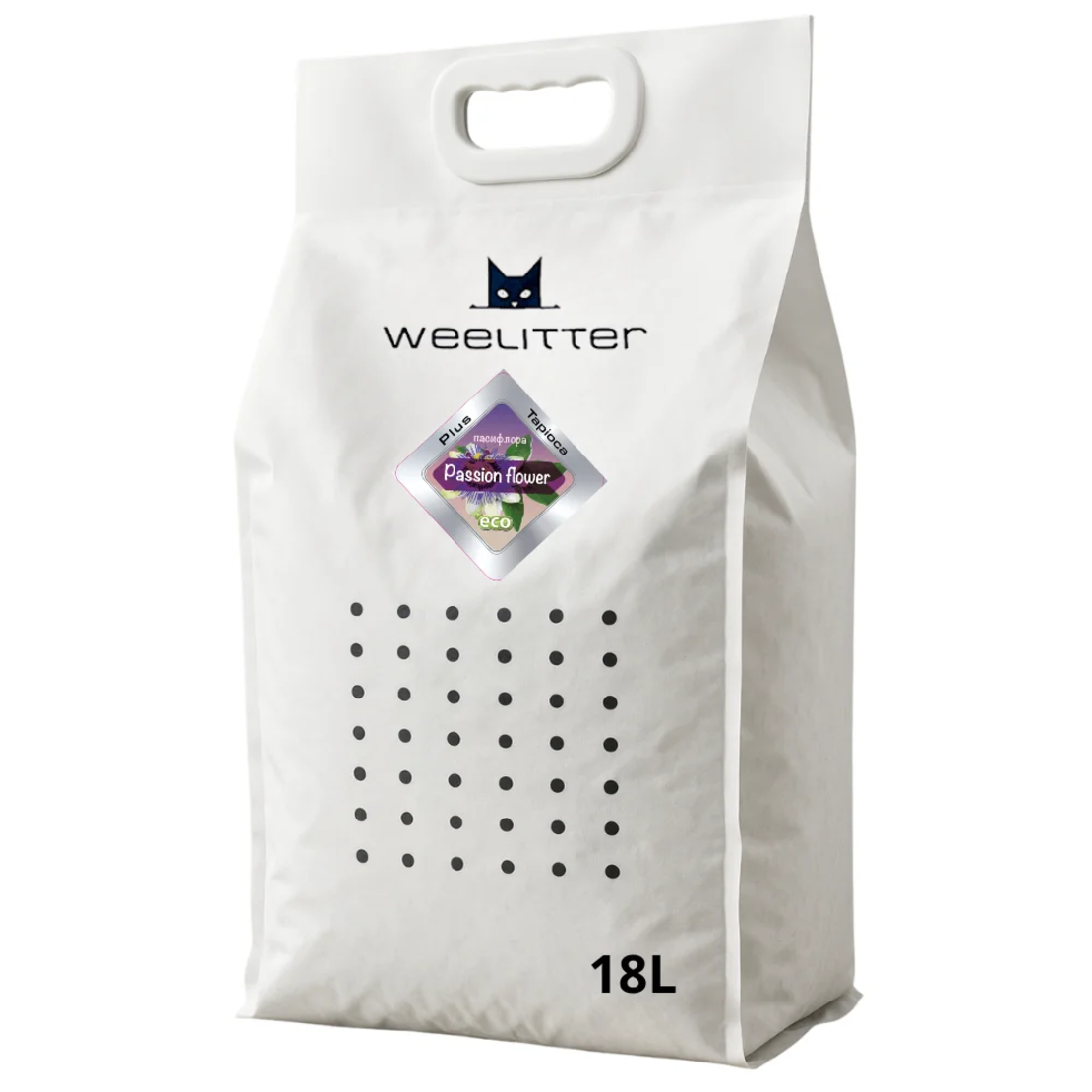 WeeLitter PLUS Passion Flower – Натурална соева котешка тоалетна с тапиока и аромат на пасифлора | 18L