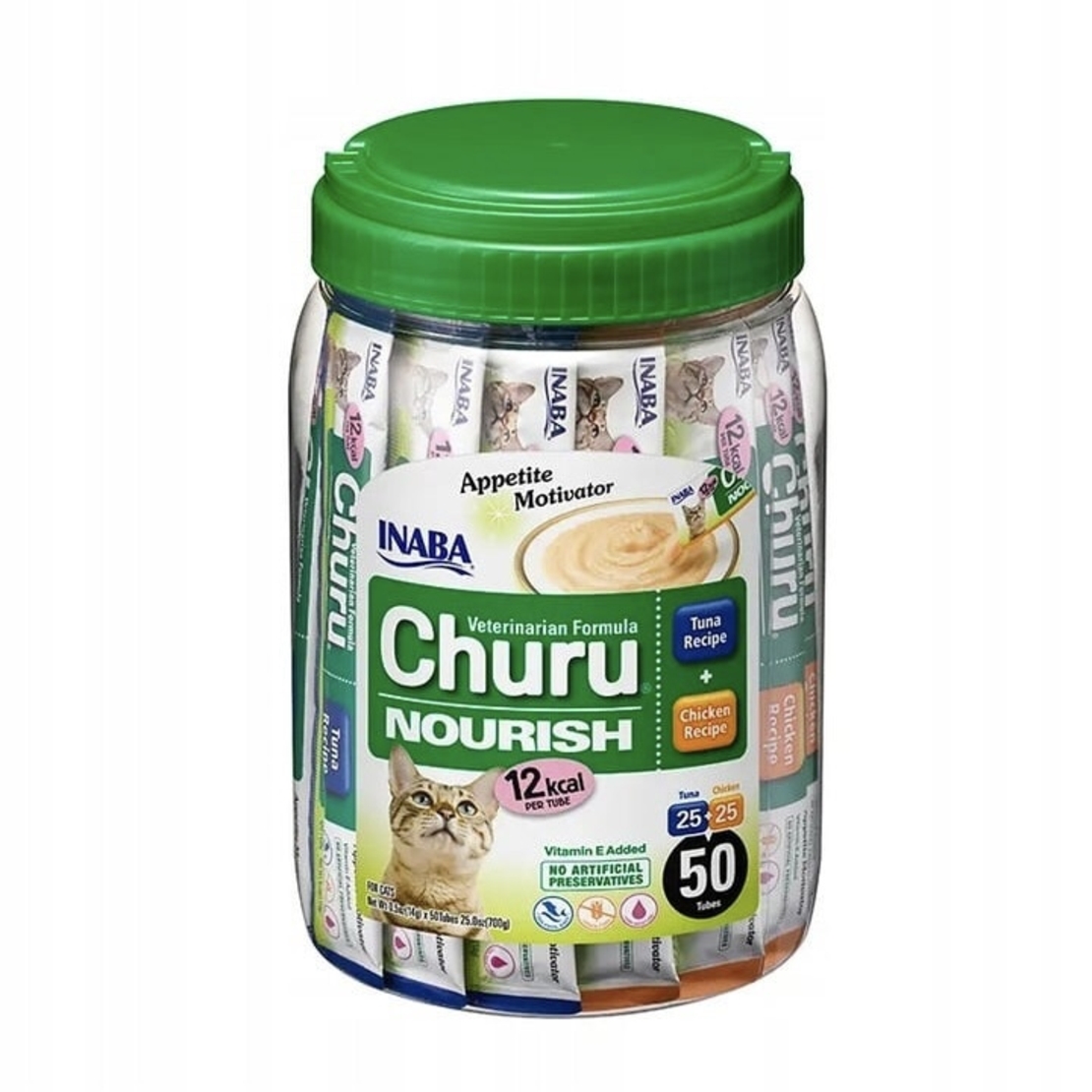 Inaba Churu Nourrish Tuna and Chicken 12 kcal - лакомство за котки с пилe и риба тон - 50 бр x 14 г