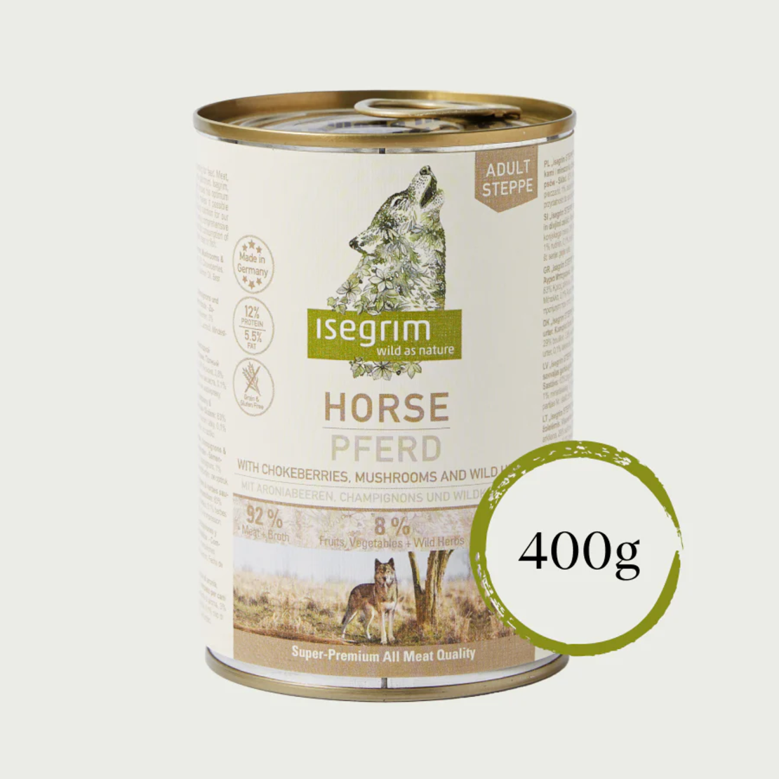 Isegrim Adult Horse, Chokeberries & Champignons - консерва за израснали кучета. С конско, арония и гъби 400г