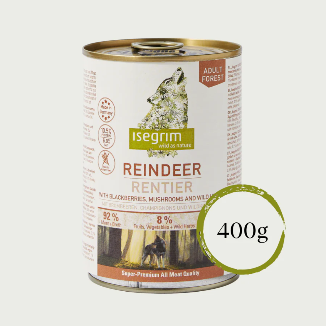 Isegrim Adult Reindeer, Blackberries & Mushrooms - консева за израснали кучета, с месо от северен елен, боровинки и гъби 400г