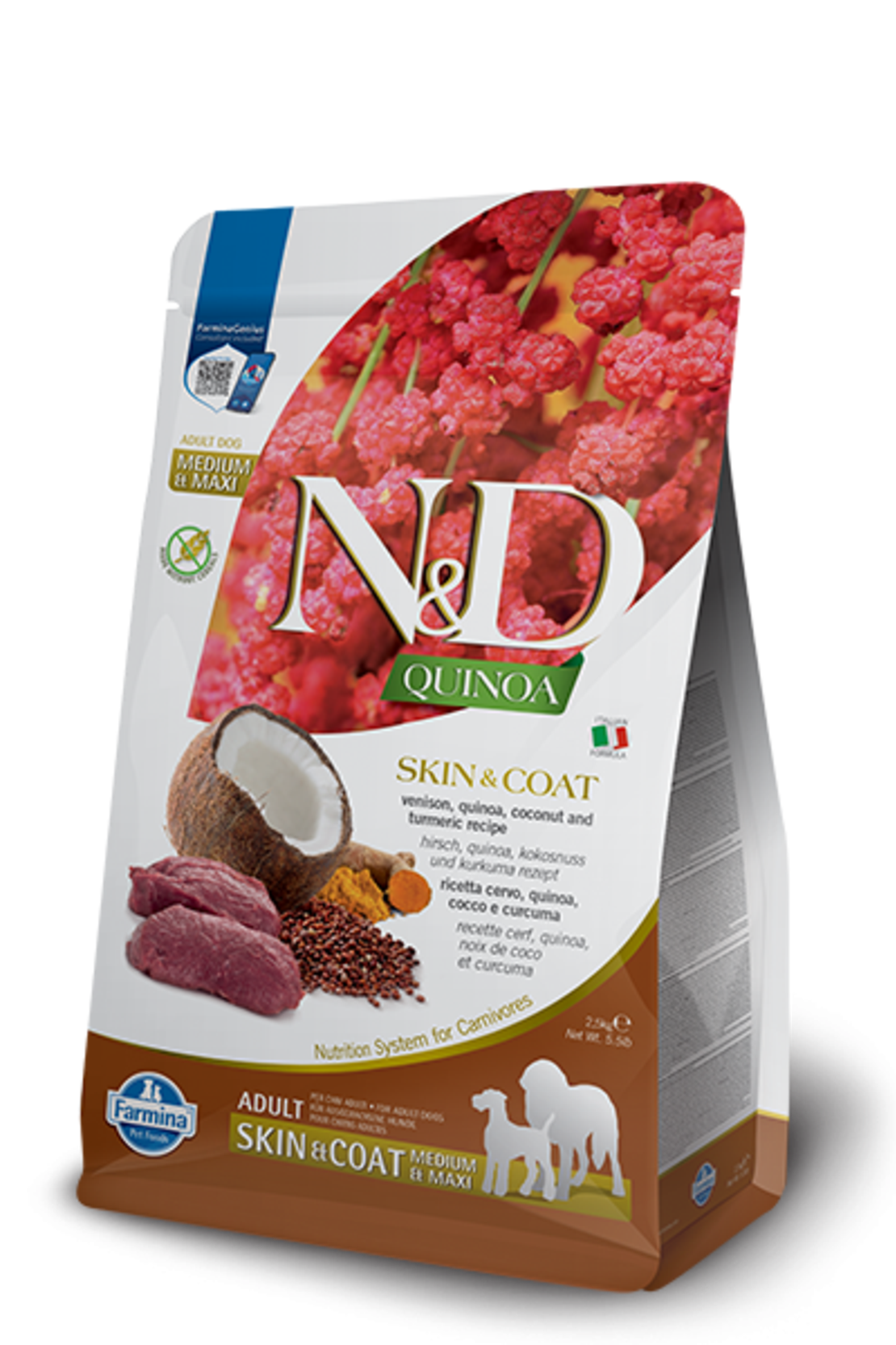 N&D Quinoa Skin & Coat Venison Adult Medium & Maxi – храна за кучета за кожа и козина, с вкус еленско, за средни и големи породи, 2.5 kg / 7 kg