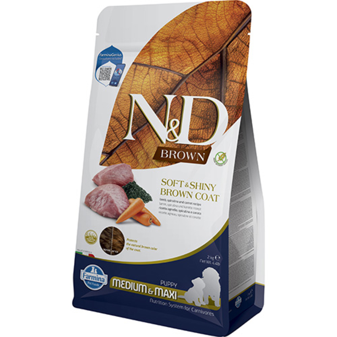 N&D Brown Dog Lamb Puppy Medium & Maxi – Храна за подрастващи кученца от средни и едри породи с кафява козина, агнешко, спирулина и морков 2кг