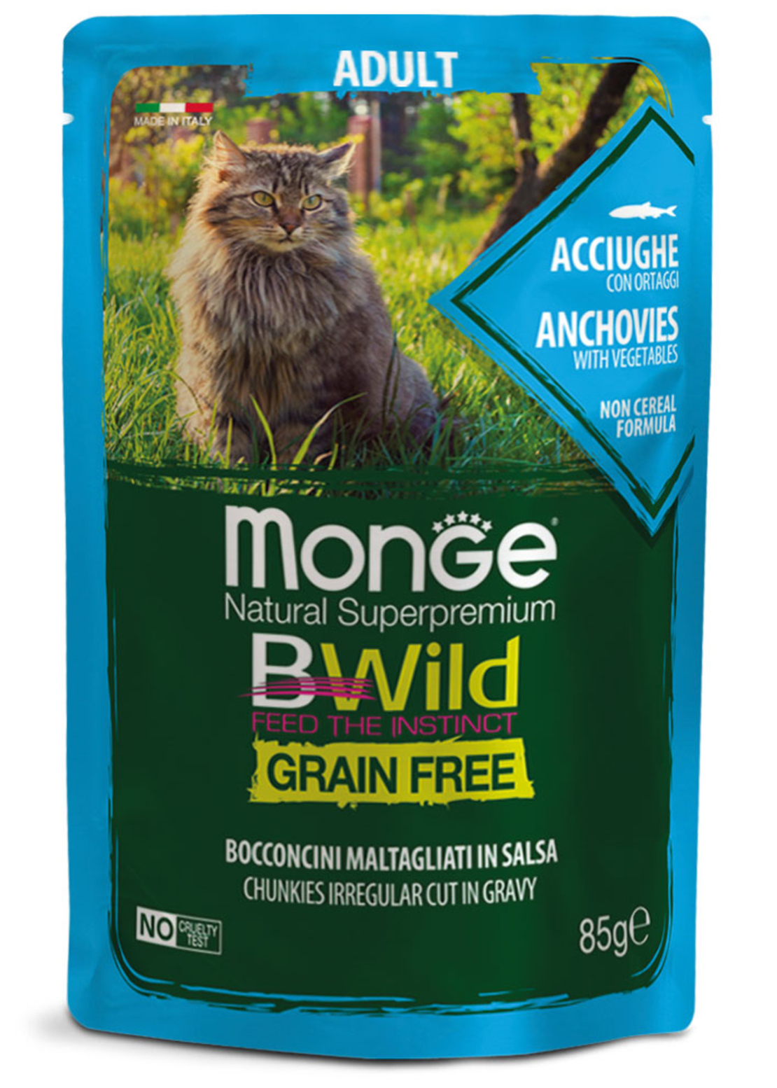 Monge BWILD Grain Free Adult с аншоа и зеленчуци – пауч с хапки в сос  85 г
