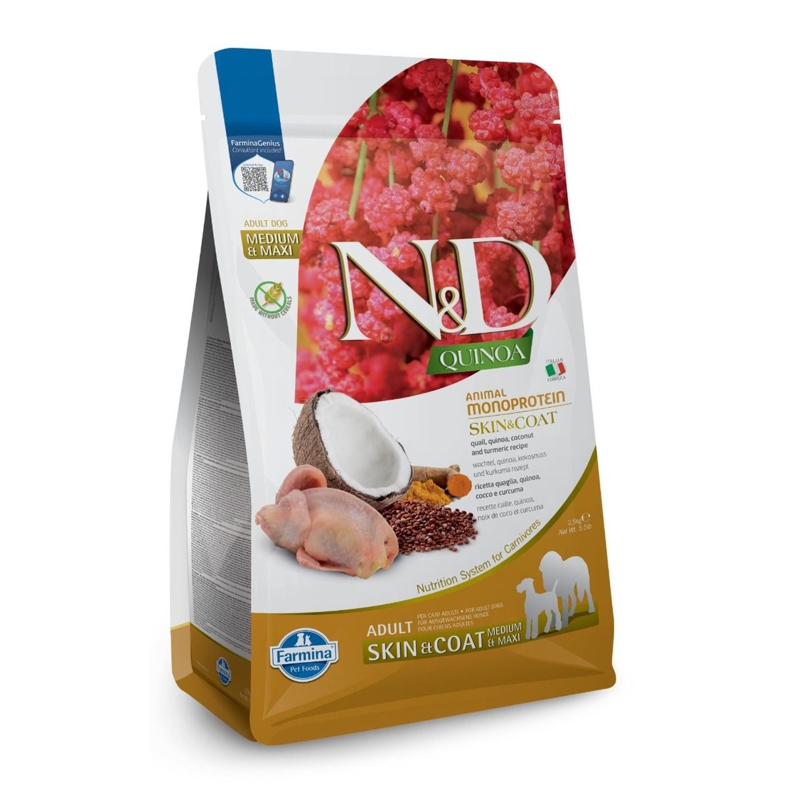 N&D Quinoa Monoprotein Skin & Coat Quail Adult Medium & Maxi – храна за кучета за кожа и козина, с вкус пъдпъдък, за средни и големи породи, 7 kg