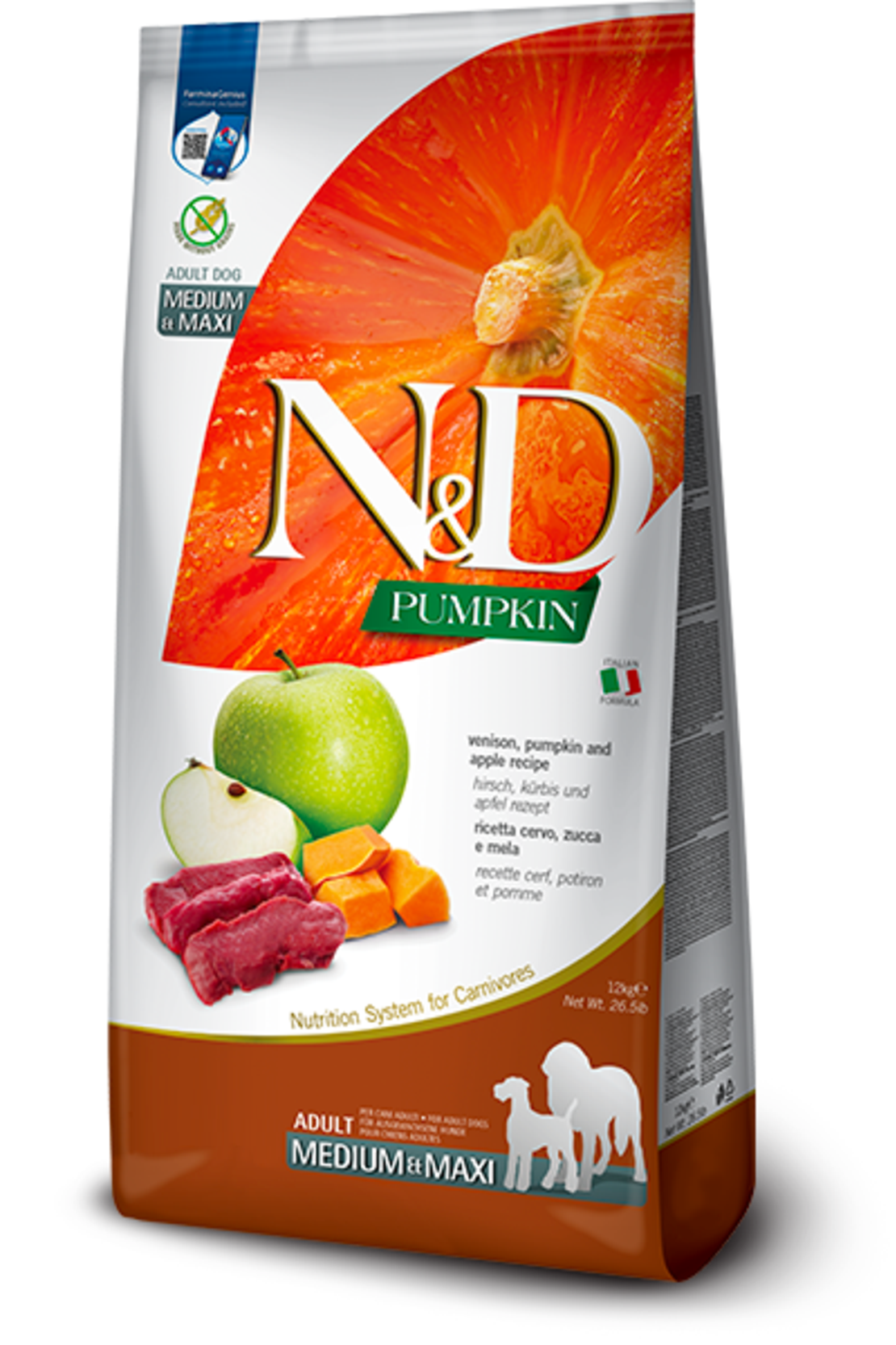 N&D Pumpkin Venison & Apple Adult Medium & Maxi – храна за кучета с еленско и ябълка, 12 kg