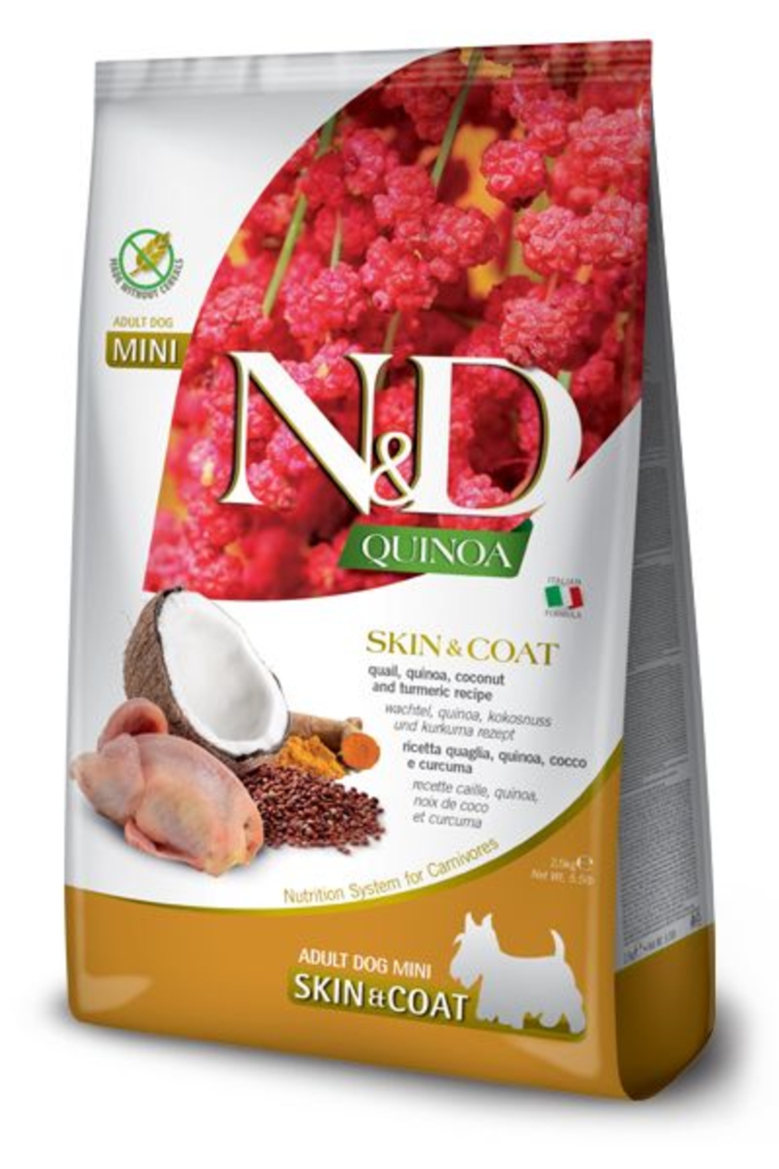N&D Quinoa Skin & Coat Quail Adult Mini – храна за кучета за кожа и козина, с вкус пъдпъдък, за дребни породи, 0.800 kg / 7 kg