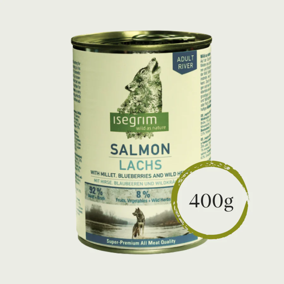 Isegrim Adult Salmon, Millet & Blueberries-консерва за израснали кучета със сьомга, птиче, сорго и боровинки 400г