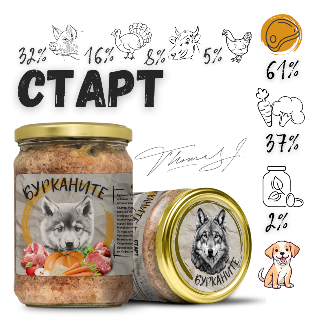 Бурканите Старт - Храна за подрастващи кученца с говеждо, пуешко, свинско, пилешко и зеленчуци 500 г.