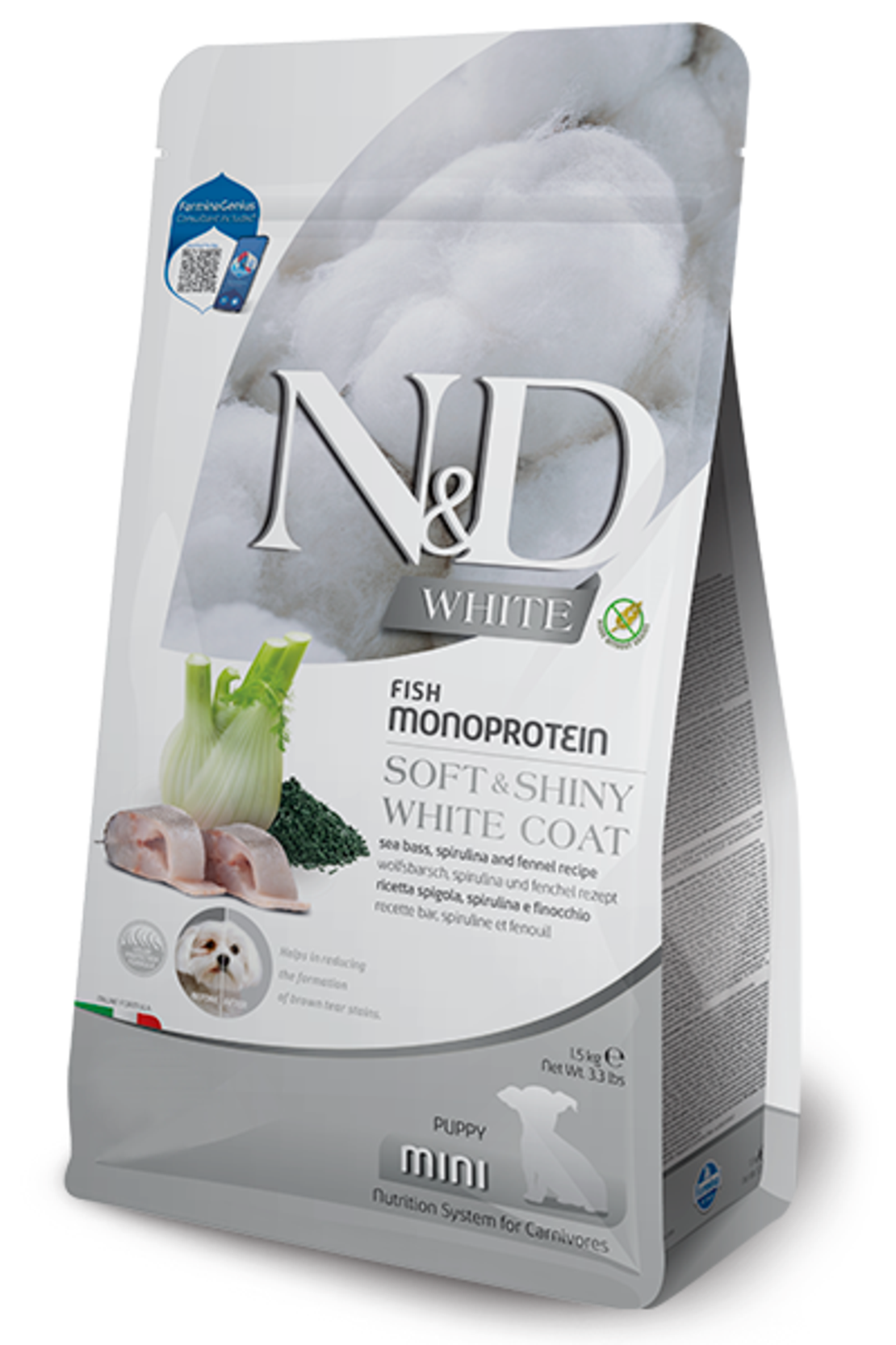N&D White Dog Sea Bass Puppy Mini – Храна за подрастващи кученца от мини породи с бяла козина, лаврак, спирулина и фенел 1.5кг