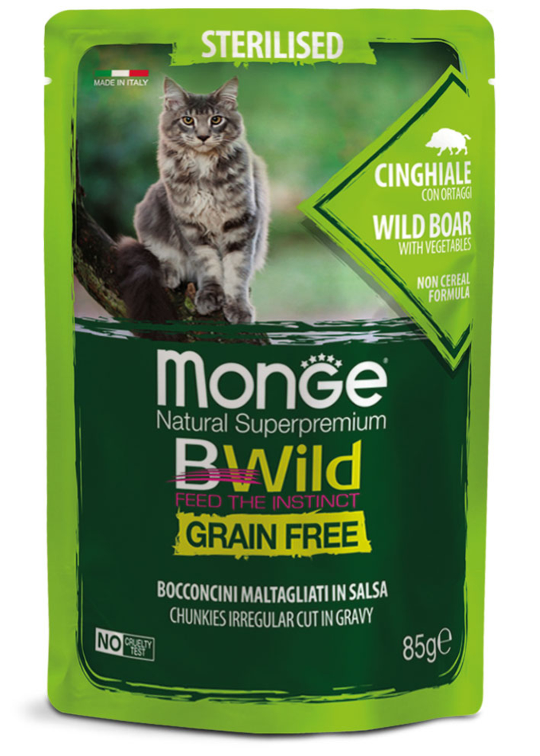 Monge BWILD Grain Free Sterilised с глиганско и зеленчуци – пауч с хапки в сос 85 г