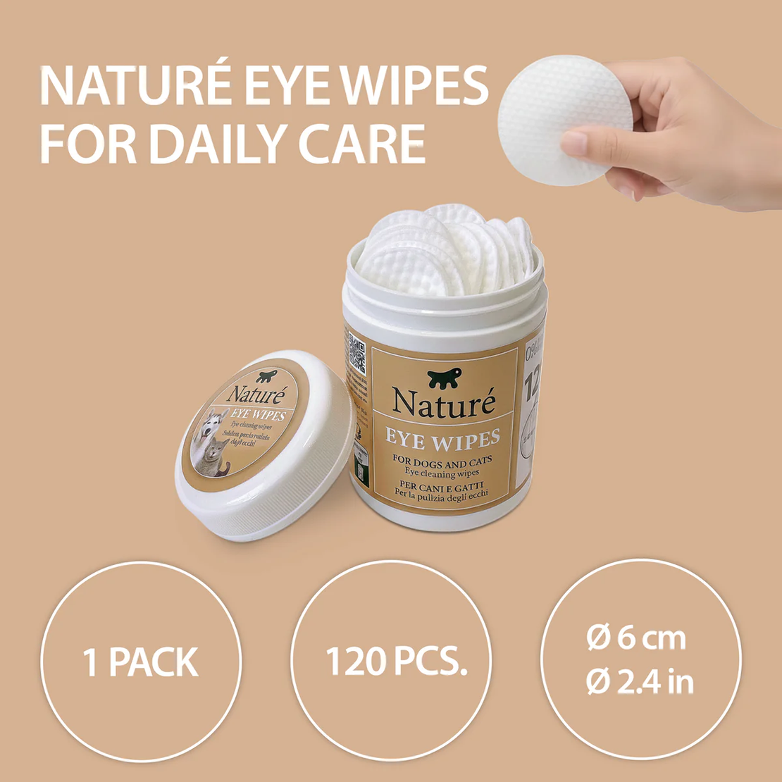 Naturé Eye Wipes – мокри кърпички за почистване на очи за кучета и котки, 120 бр
