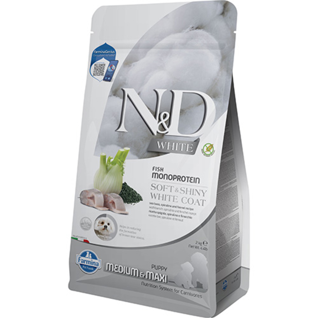 N&D White Dog Sea Bass Puppy Medium & Maxi – Храна за подрастващи кученца от средни и едри породи с бяла козина, лаврак, спирулина и фенел 2 кг