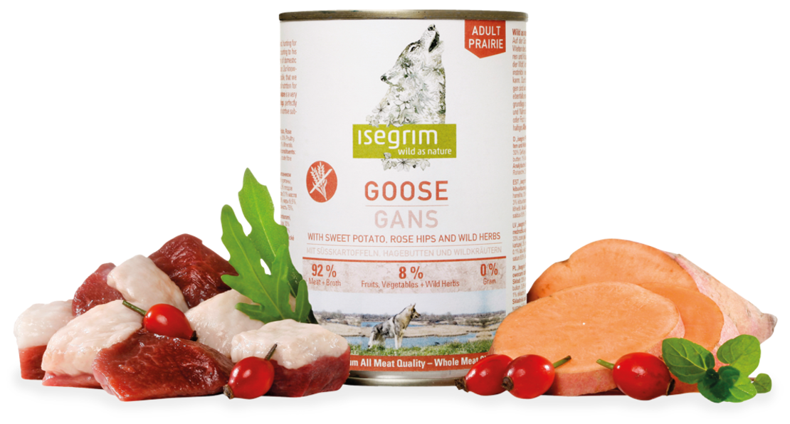 Isegrim Adult Goose & Sweet Potato - консерва за израснали кучета с гъска, сладки картофи, шипки и билки 800г