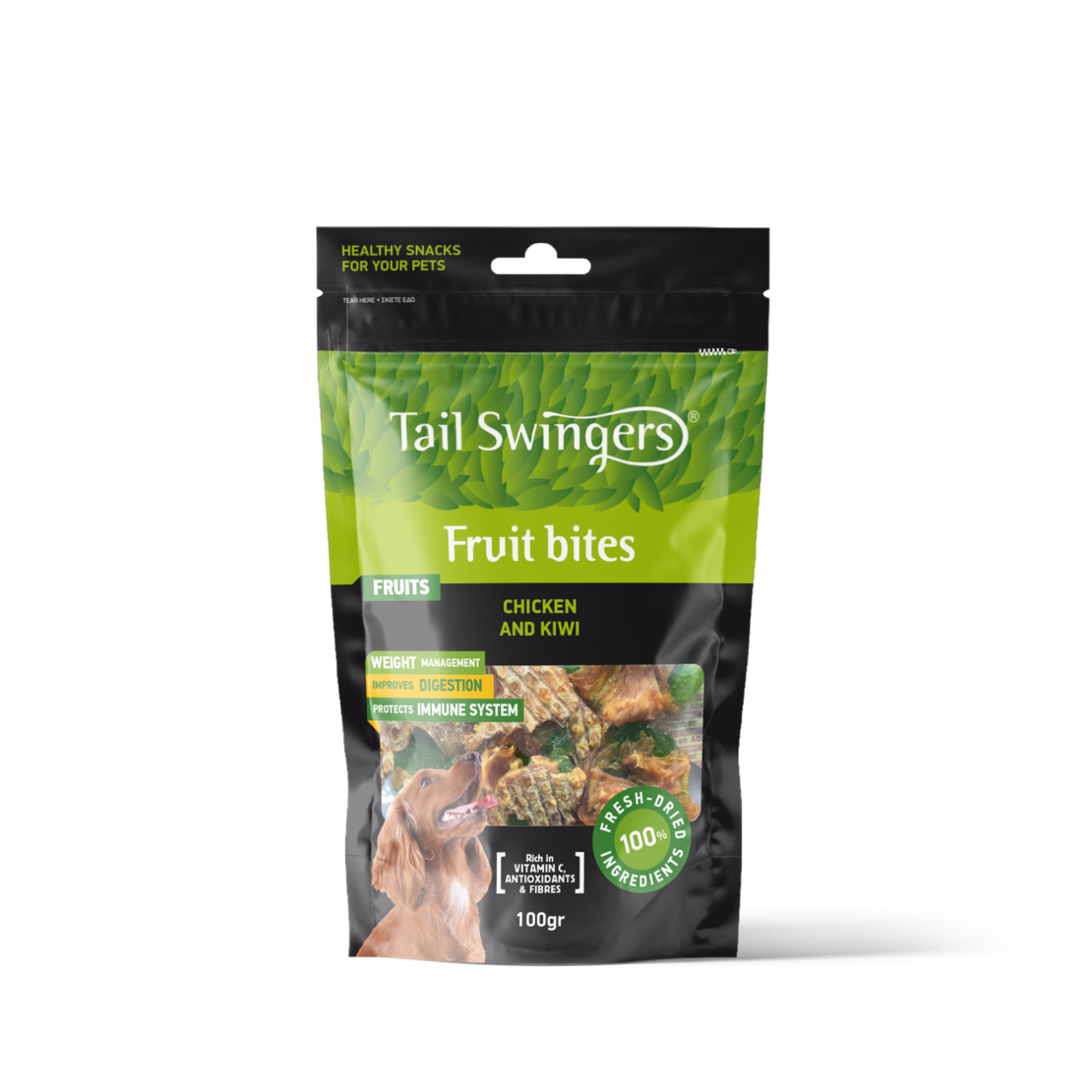 Tail Swingers Fruit Bites Пиле и Киви 100 g – Натурално лакомство, плодови хапки за кучета