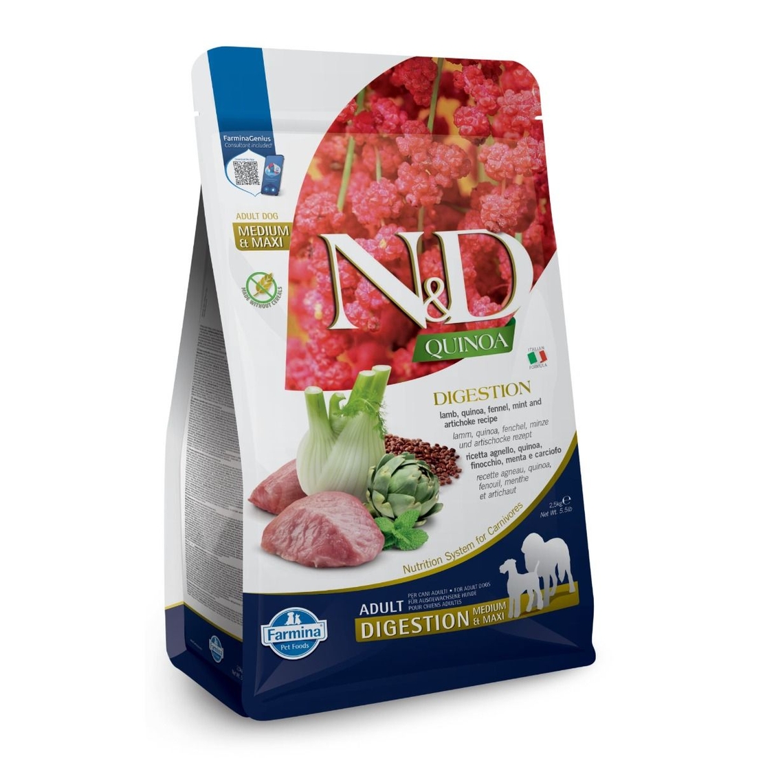 N&D Quinoa Digestion Lamb Adult Medium & Maxi – храна за кучета за добро храносмилане, с вкус агнешко, за средни и големи породи, 2.5 kg / 7 kg