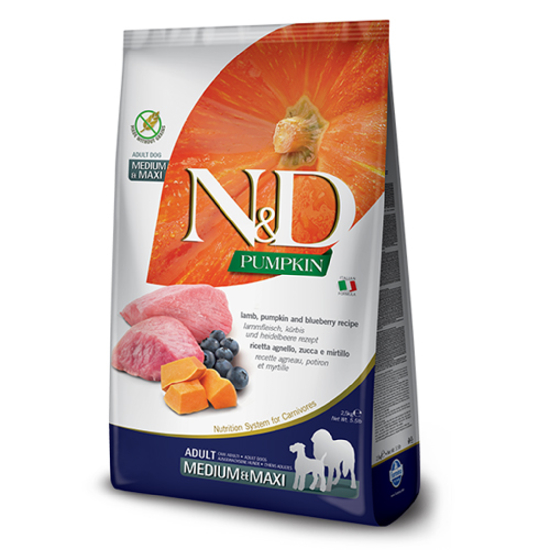 N&D Pumpkin Lamb & Blueberry Adult Medium & Maxi – храна за кучета с агнешко и боровинка, 2.5 kg / 12 kg
