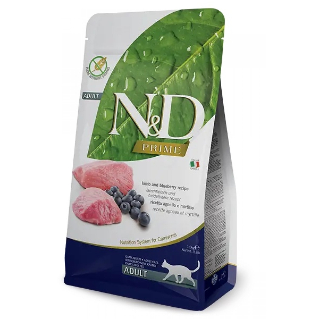 N&D Prime Lamb & Blueberry Cat Adult – храна за котки над 1 година с агнешко и боровинки, 300 g / 1.5 kg / 5 kg